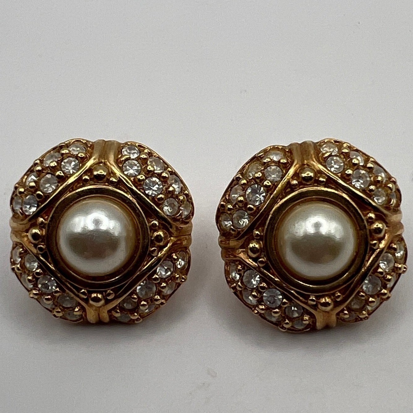 Vintage Pierced Earrings Simulated Pearl Center Clear Crystal Stones Button
