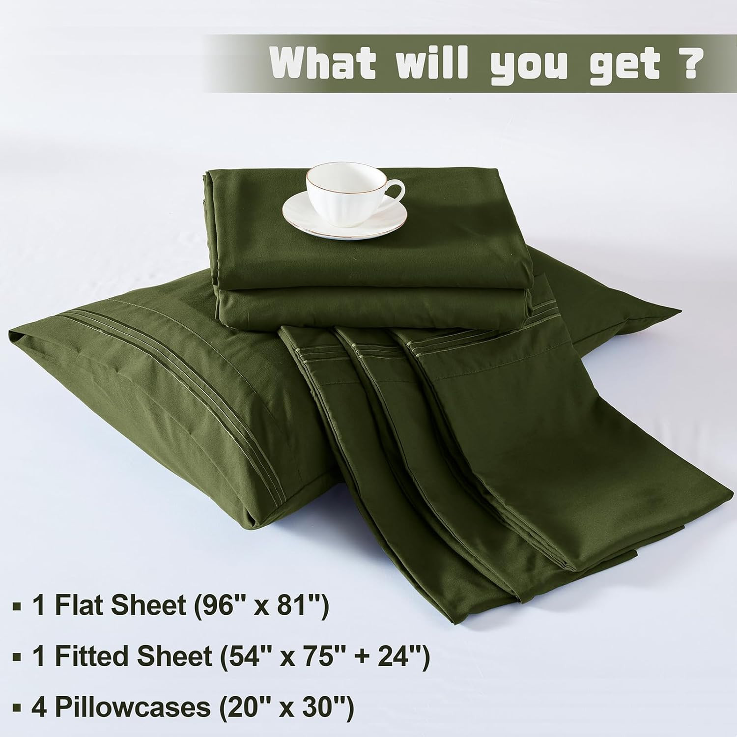 Extra Deep Pocket Full Size Sheets Set, 6 Pieces Soft Olive Green Sheets 18-24 I