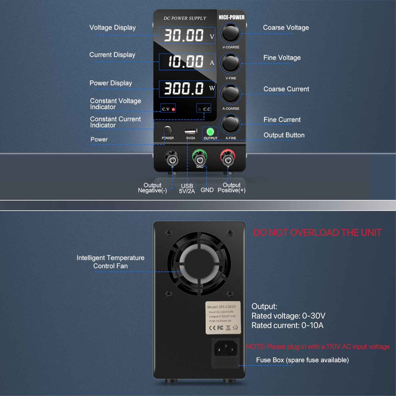 NICE-POWER DC Power Supply Variable 30V 10A, Adjustable Black