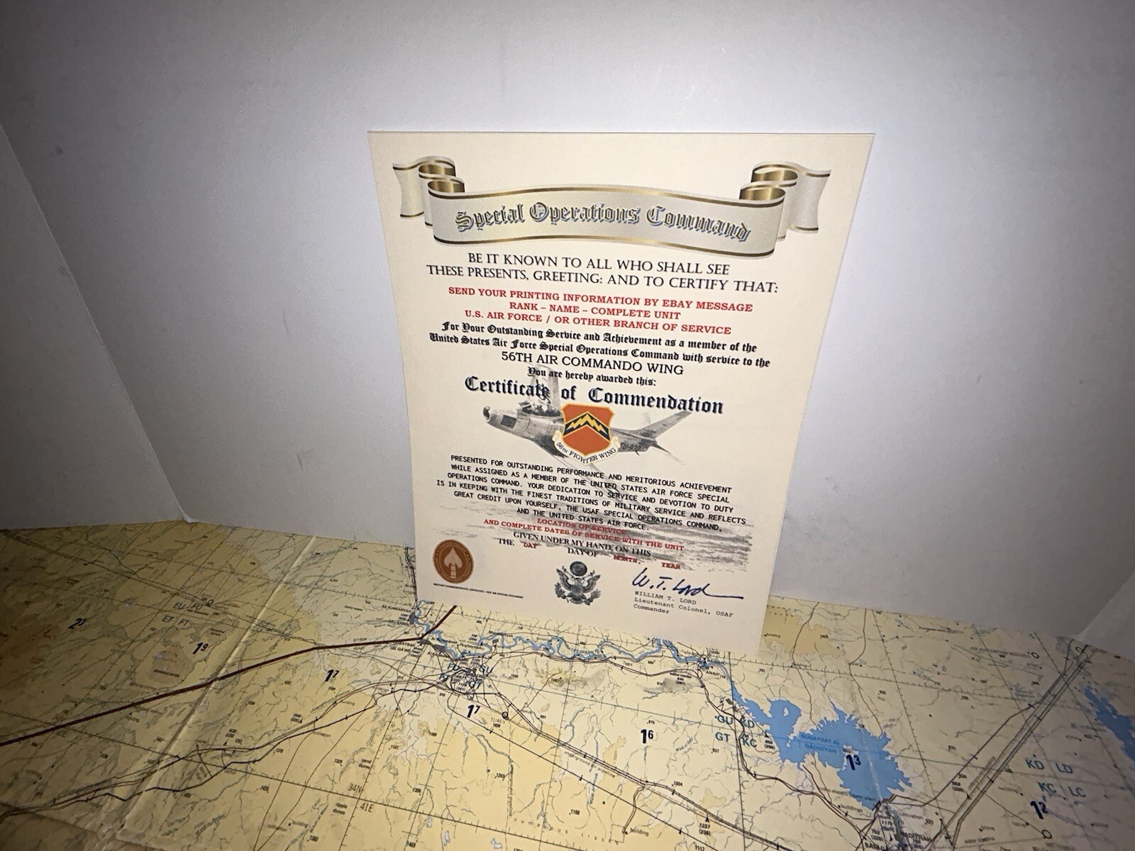 U.S.A.F. / 56TH AIR COMMANDO WING - CERTIFICATE OF COMMENDATION