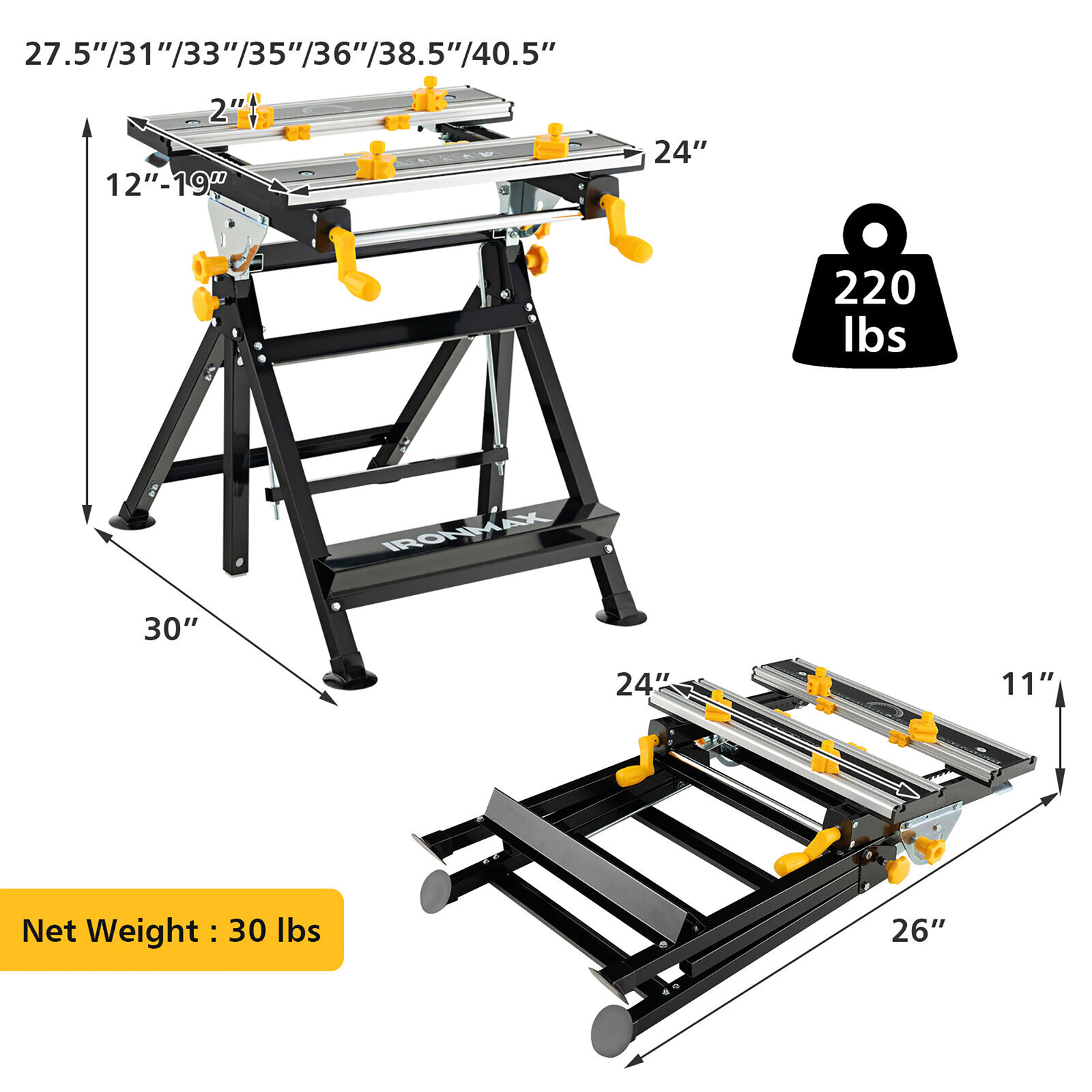 Folding Work Table Portable Workbench w/ Adjustable Height & Tiltable Platform