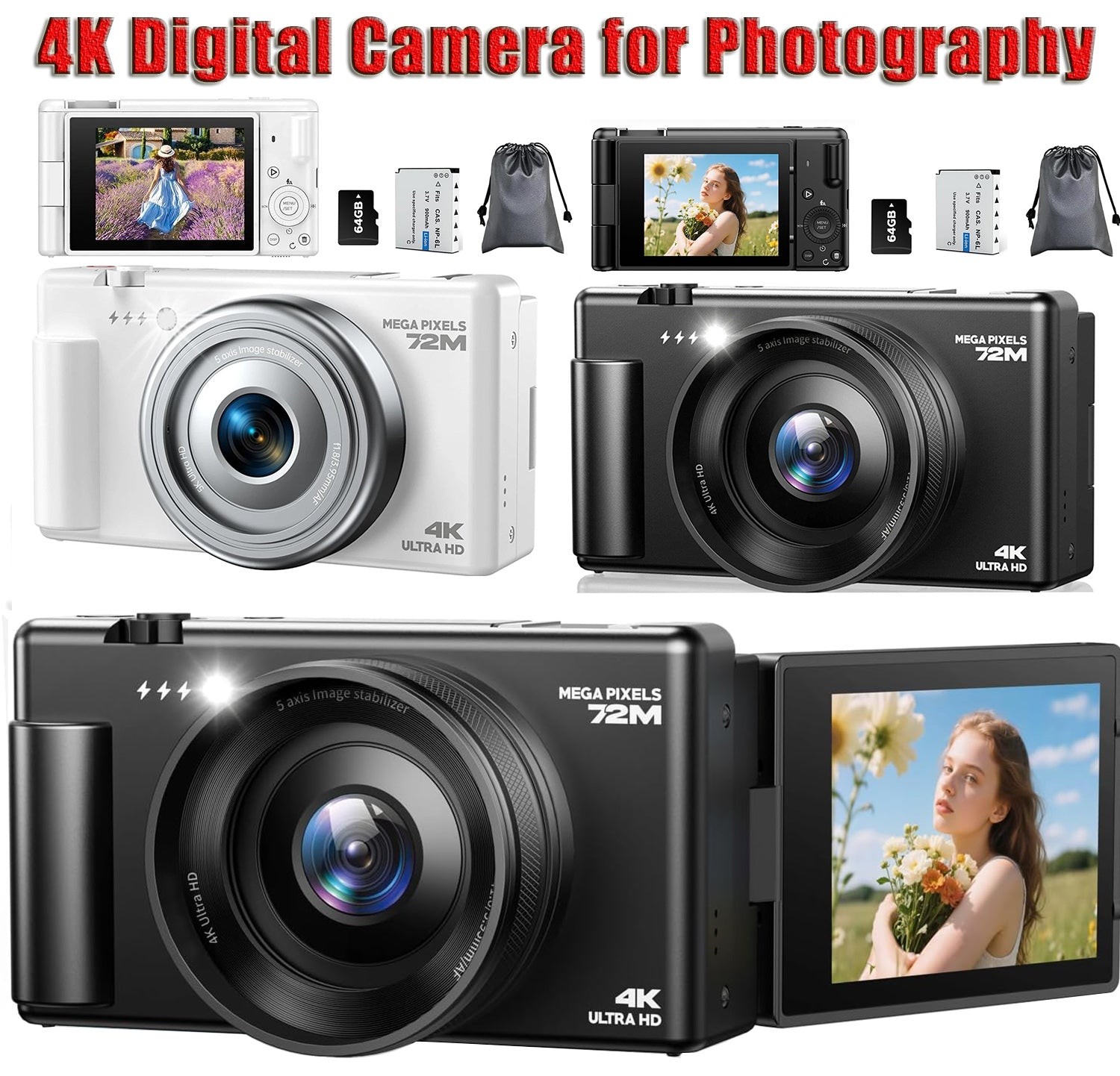 72MP Autofocus Digital Camera 4K Video for Photography 18XZoom 270°Flip Screen