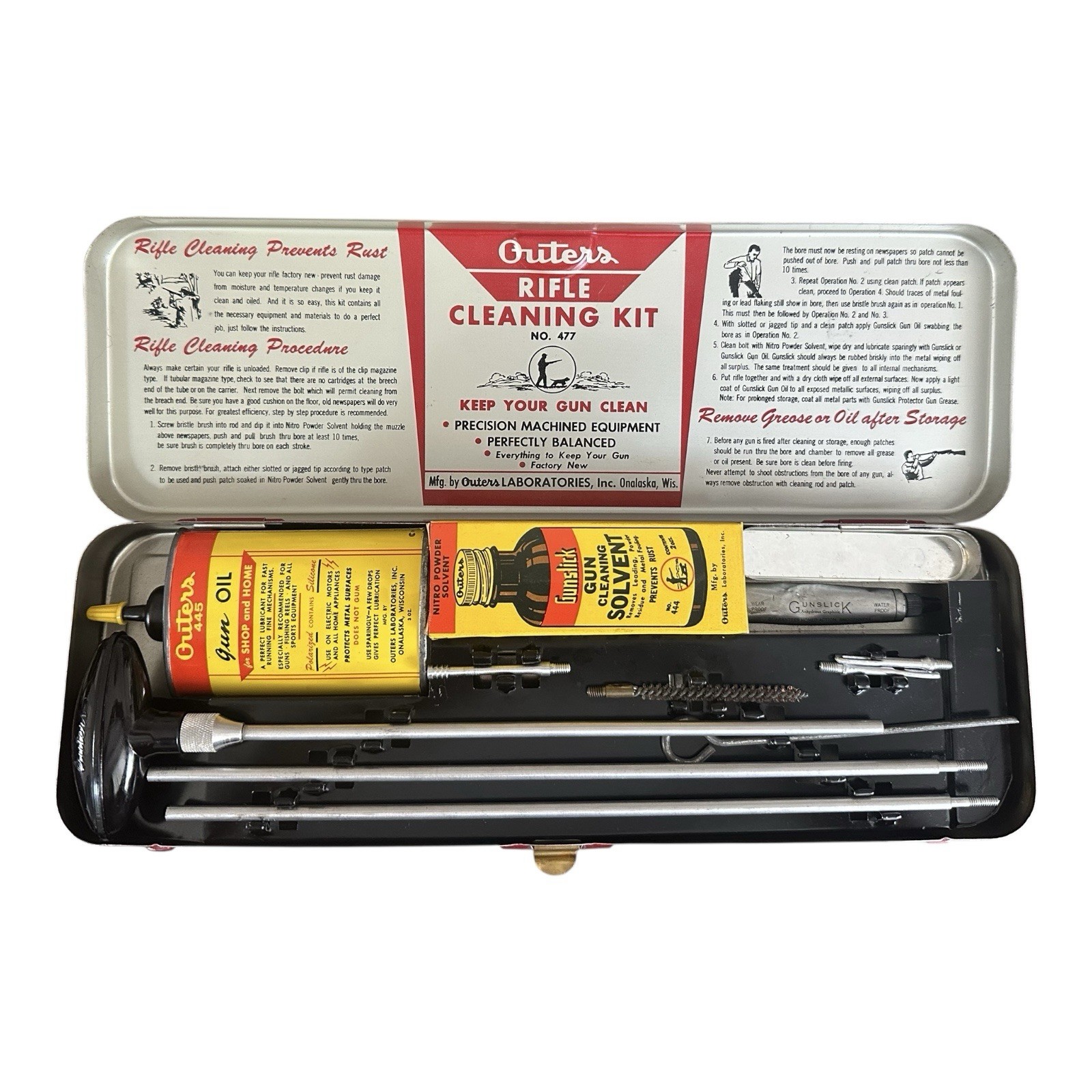 Outers Vintage Rifle Cleaning Kit Metal Case Gun Oil Solvent Rods