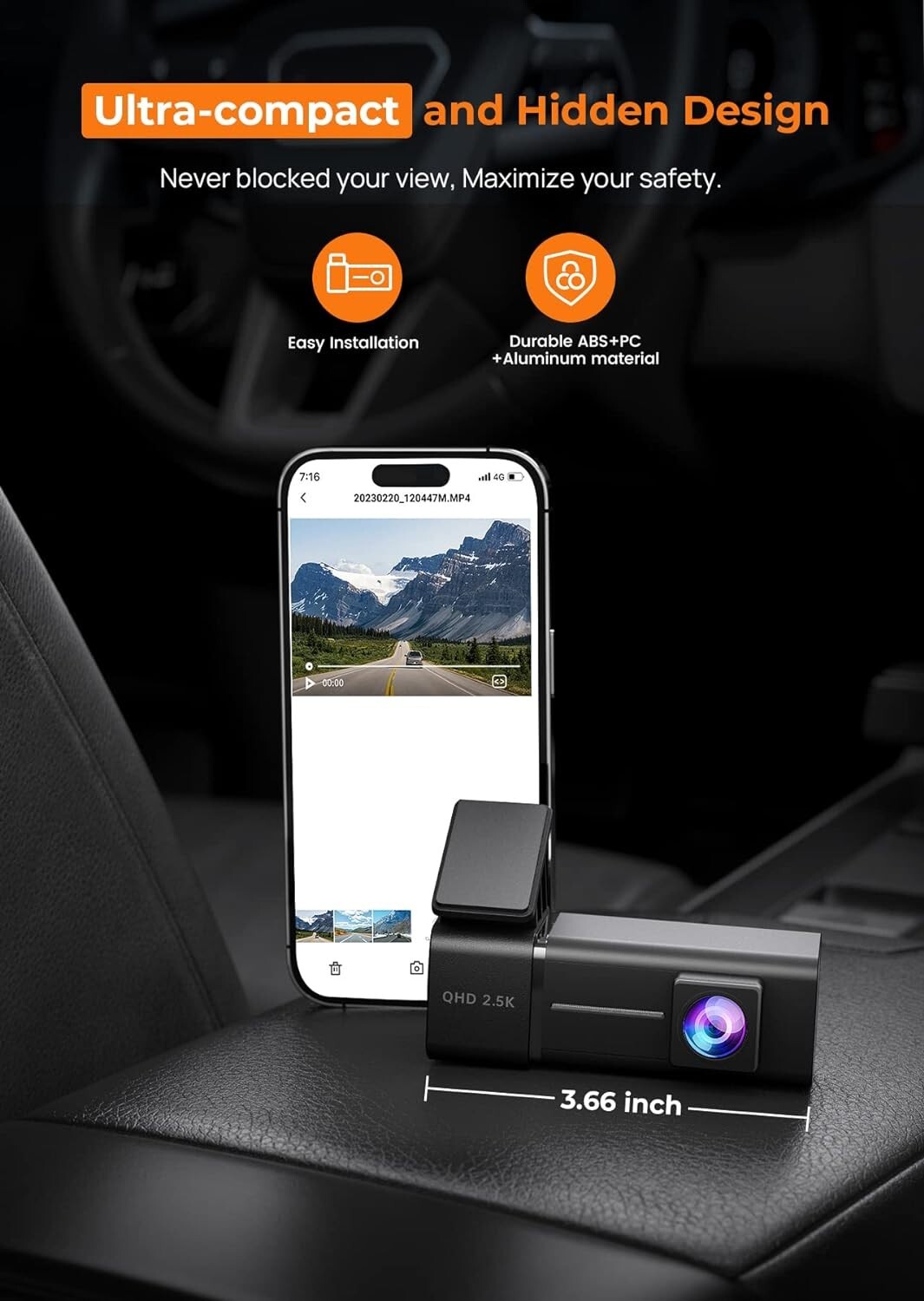 2.5k WiFi Dashcams,Dash Camera with APP, 32 GB SD,Night Vision