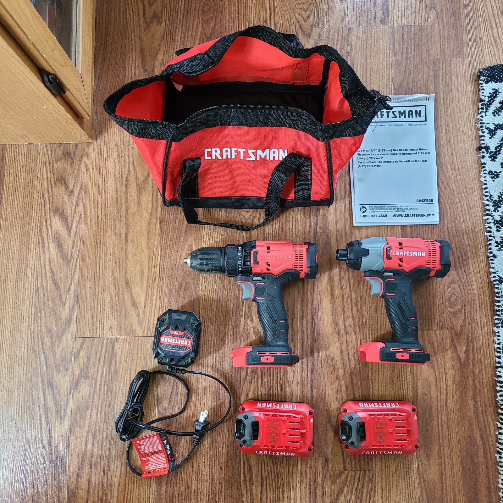 CRAFTSMAN Cordless Drill/Impact Driver Set w/2 Batteries & Charger +bag, manuals