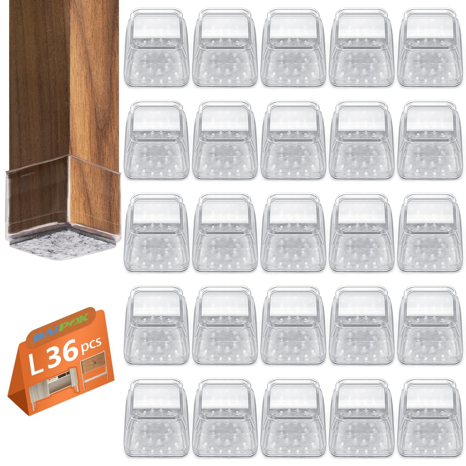 36pcs Square Chair Leg Floor Protectors, Furniture Felt Pads for Hardwood Flo...