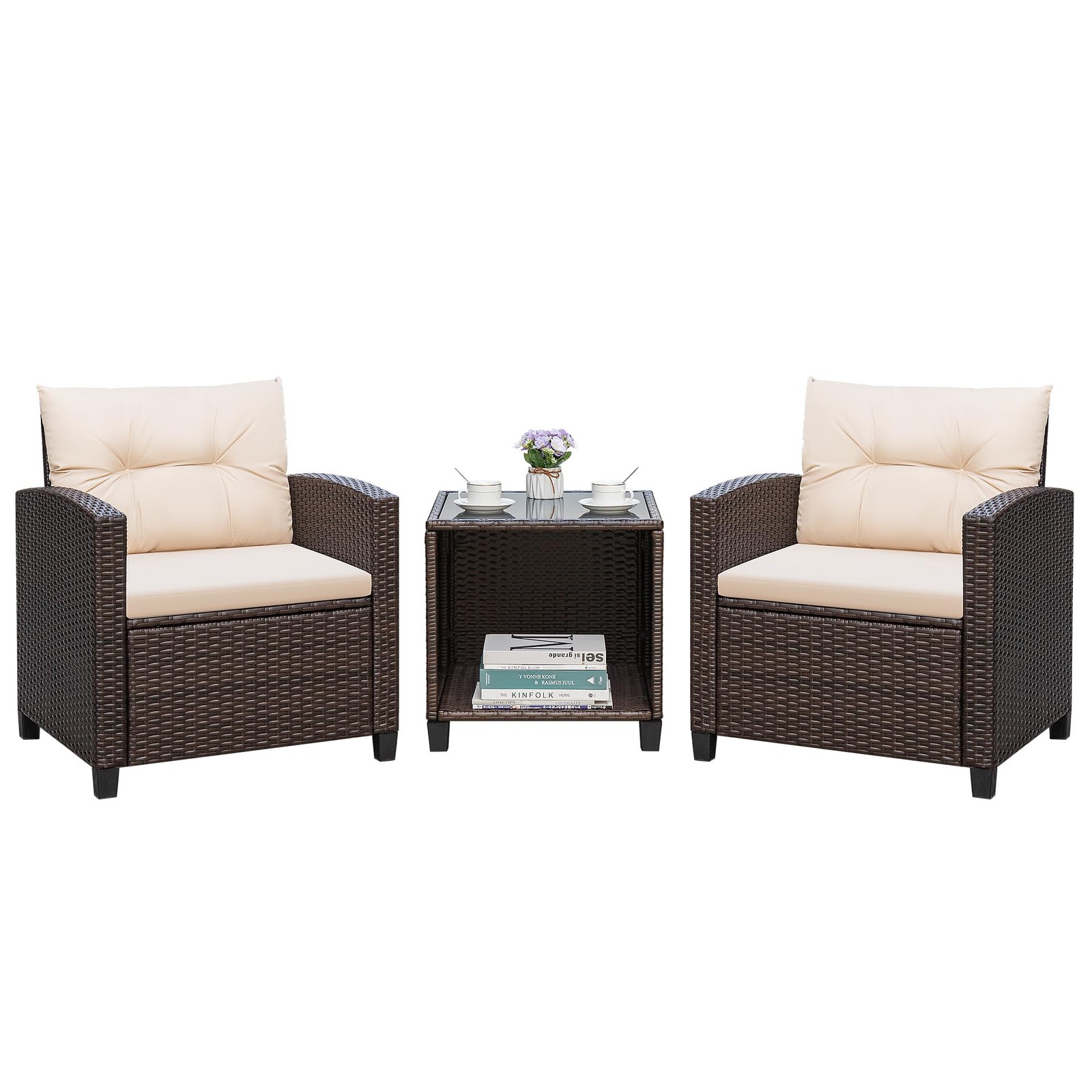 3 Pieces Patio Furniture Sets Outdoor PE Rattan Wicker Chairs with Soft Cushi...