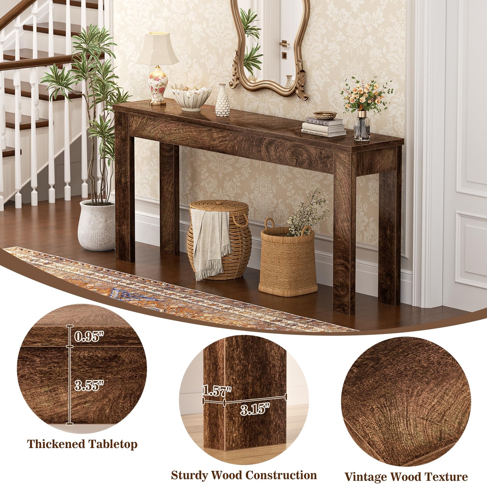 Console Table, 47" Farmhouse Wood Entryway Table, Sofa Tables Narrow Long Beh...