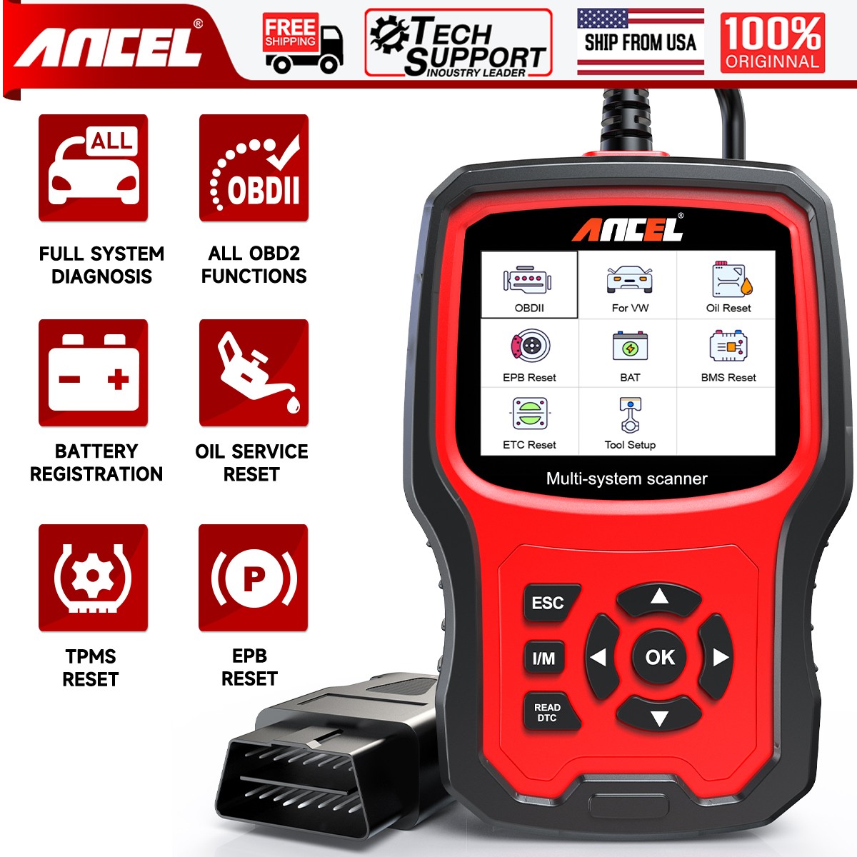 ANCEL OBD2 Sanner All System Car Diagnostic Tool ABS SRS TPMS Code Reader For VW