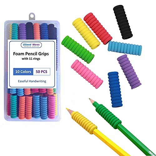 50 Pcs Foam Pencil Grips of 11 Rings for Kids and Adults Handwriting, 10