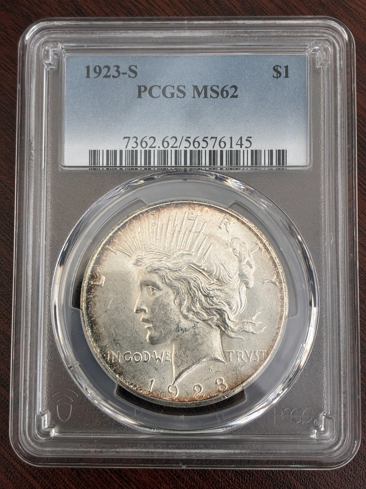 1923-S TONED PCGS MS62 Peace Silver Dollar
