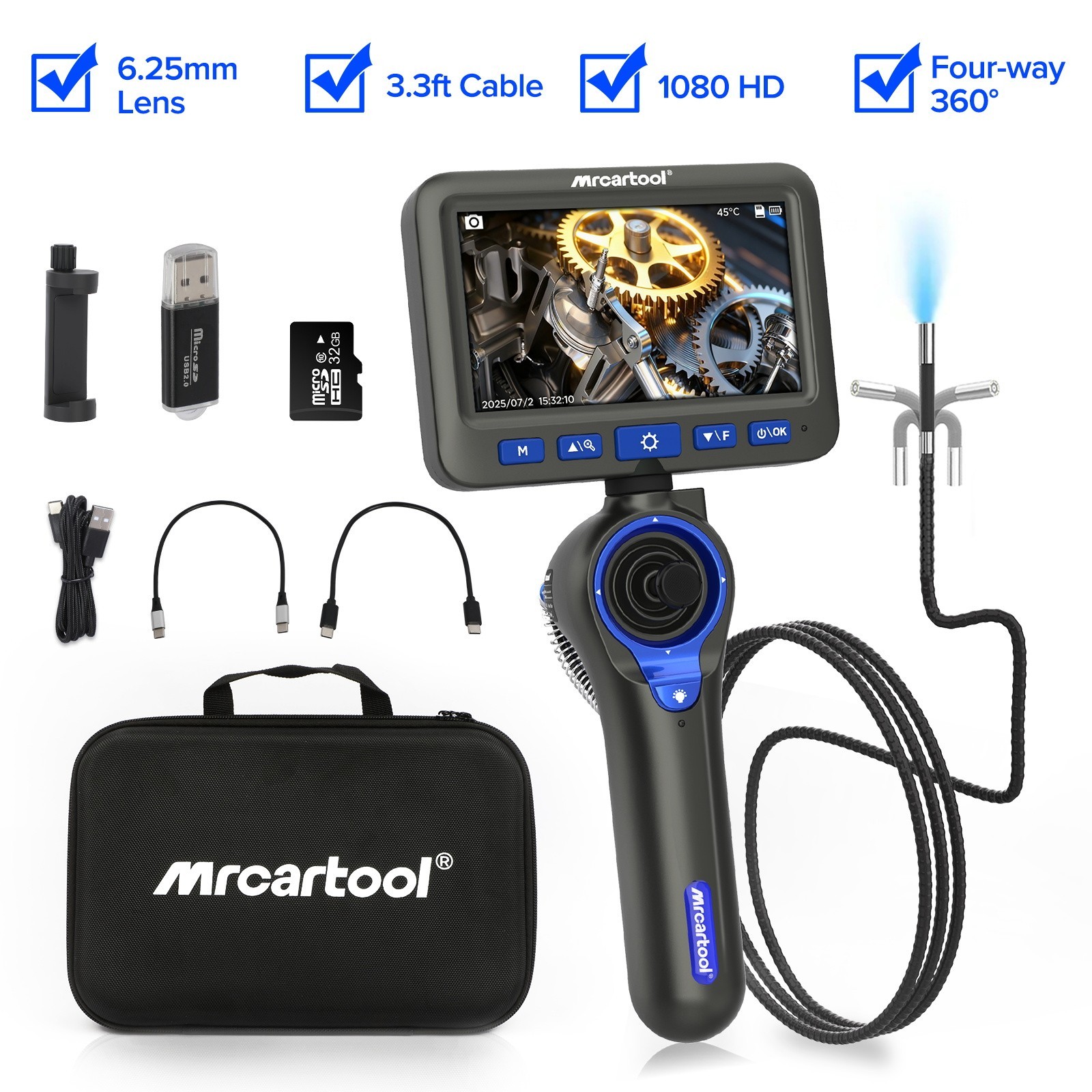 4 way 360°Joystick Borescope Endoscope Camera with light Semi Rigid Tube 3.3ft