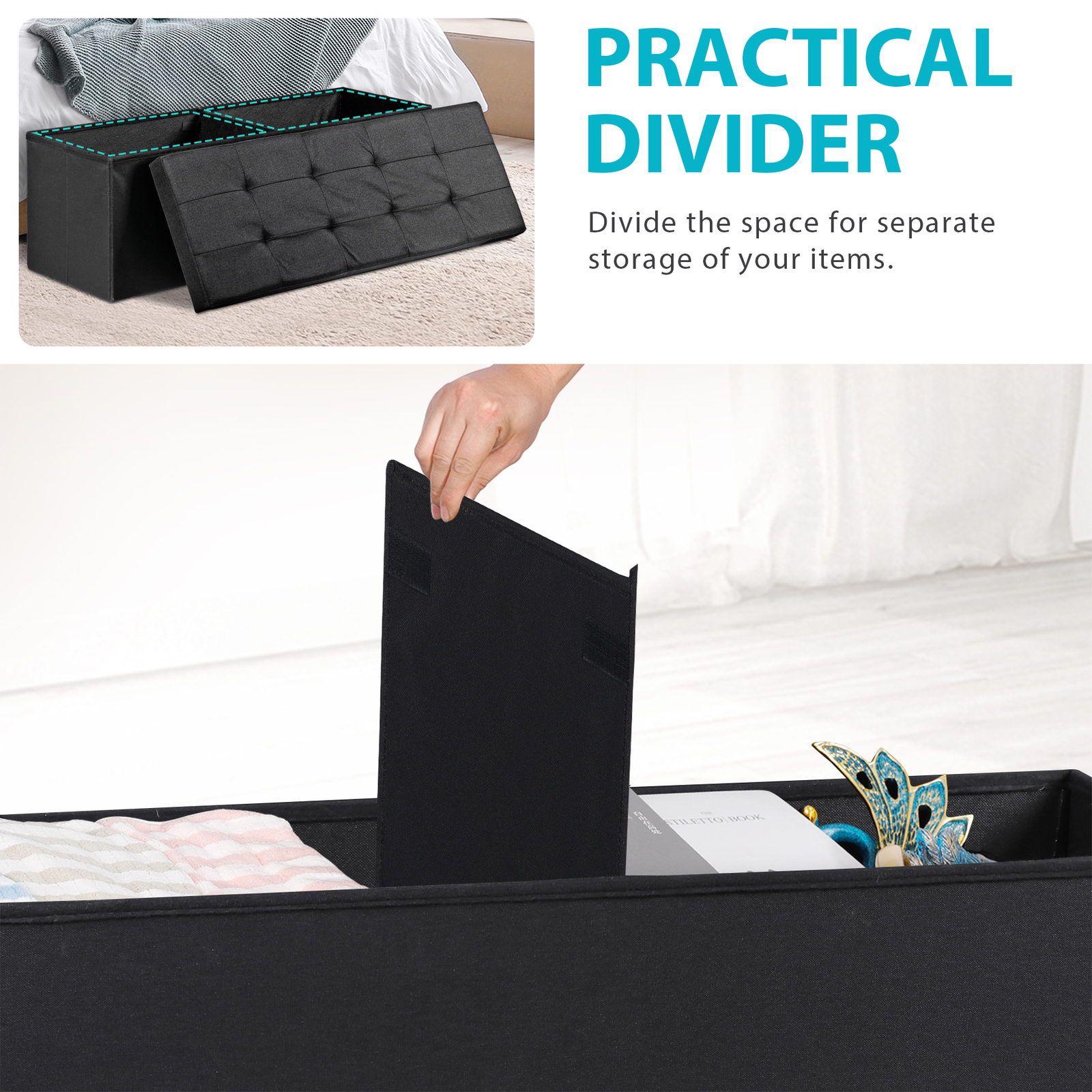 43" Durable Storage Bench Folding Footrest Stool Toy Chest for Living Room Black