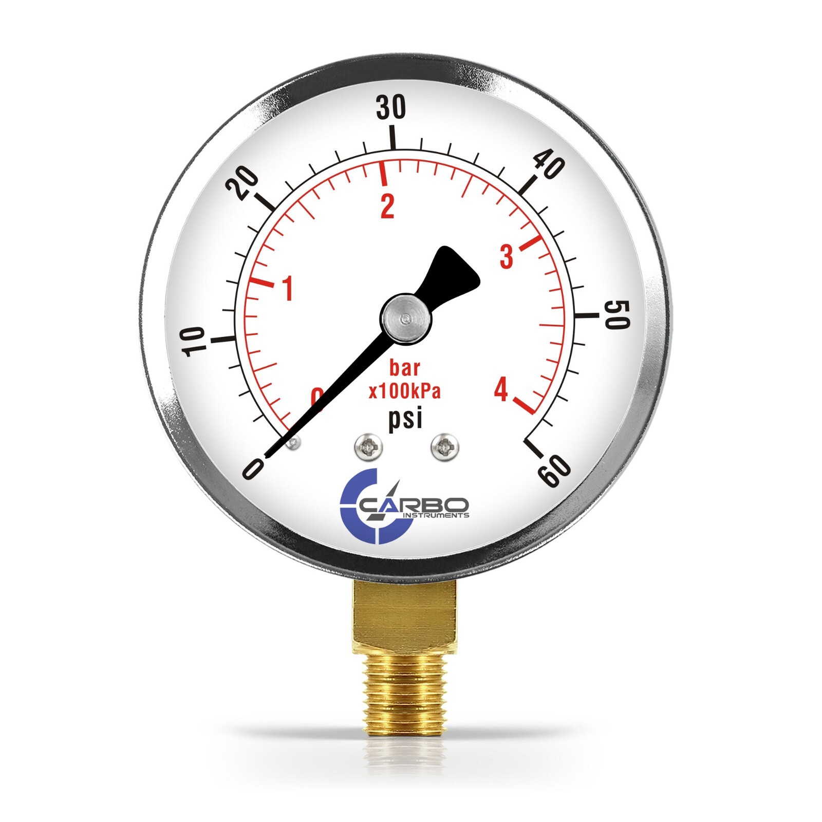 2-1/2" Pressure Gauge - Chrome Plated Steel Case, 1/4"NPT, Lower Mnt. 60 PSI
