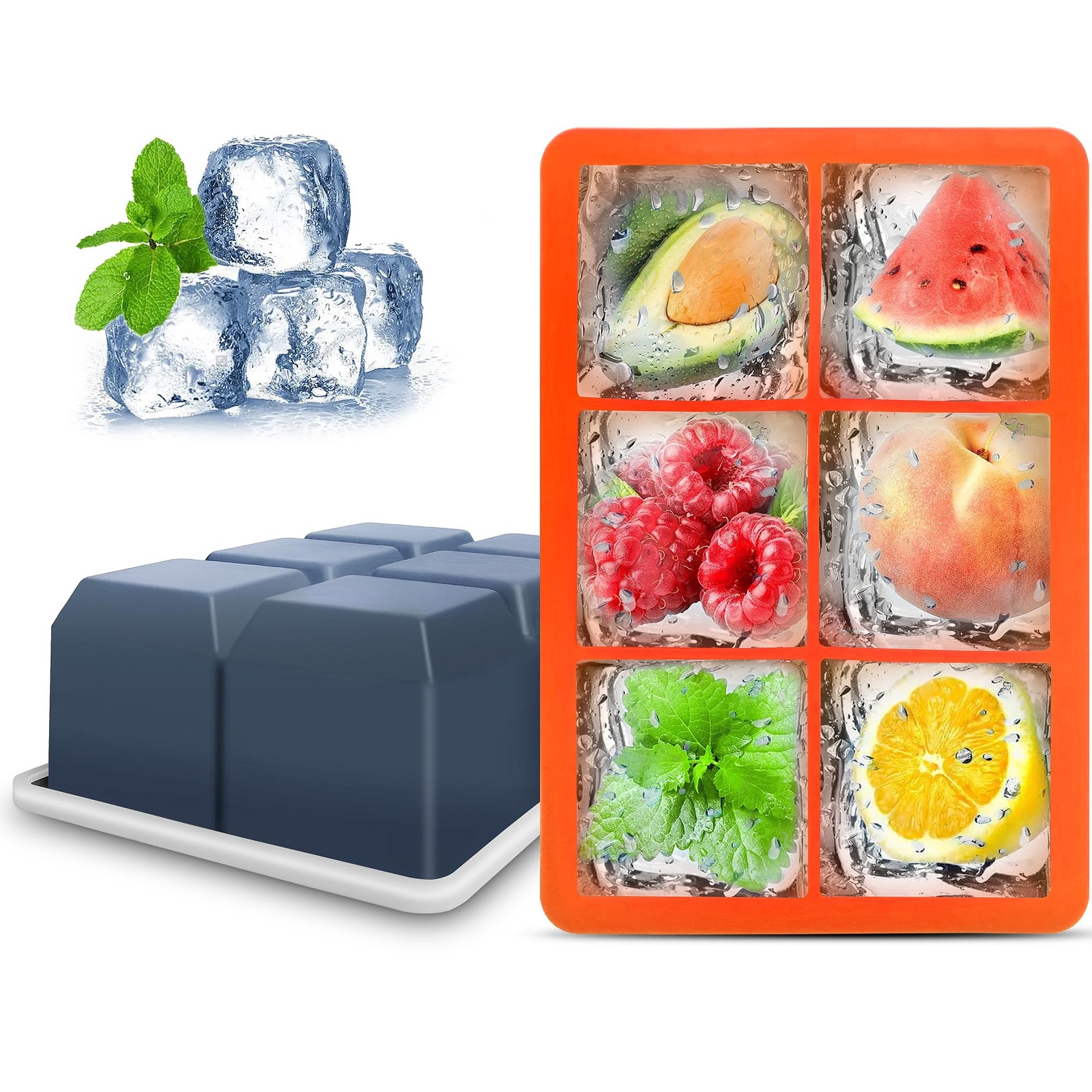 Silicone Ice Cube Trays with 6.7 x 4.7 x 2 inches, Dark Gray and Orange