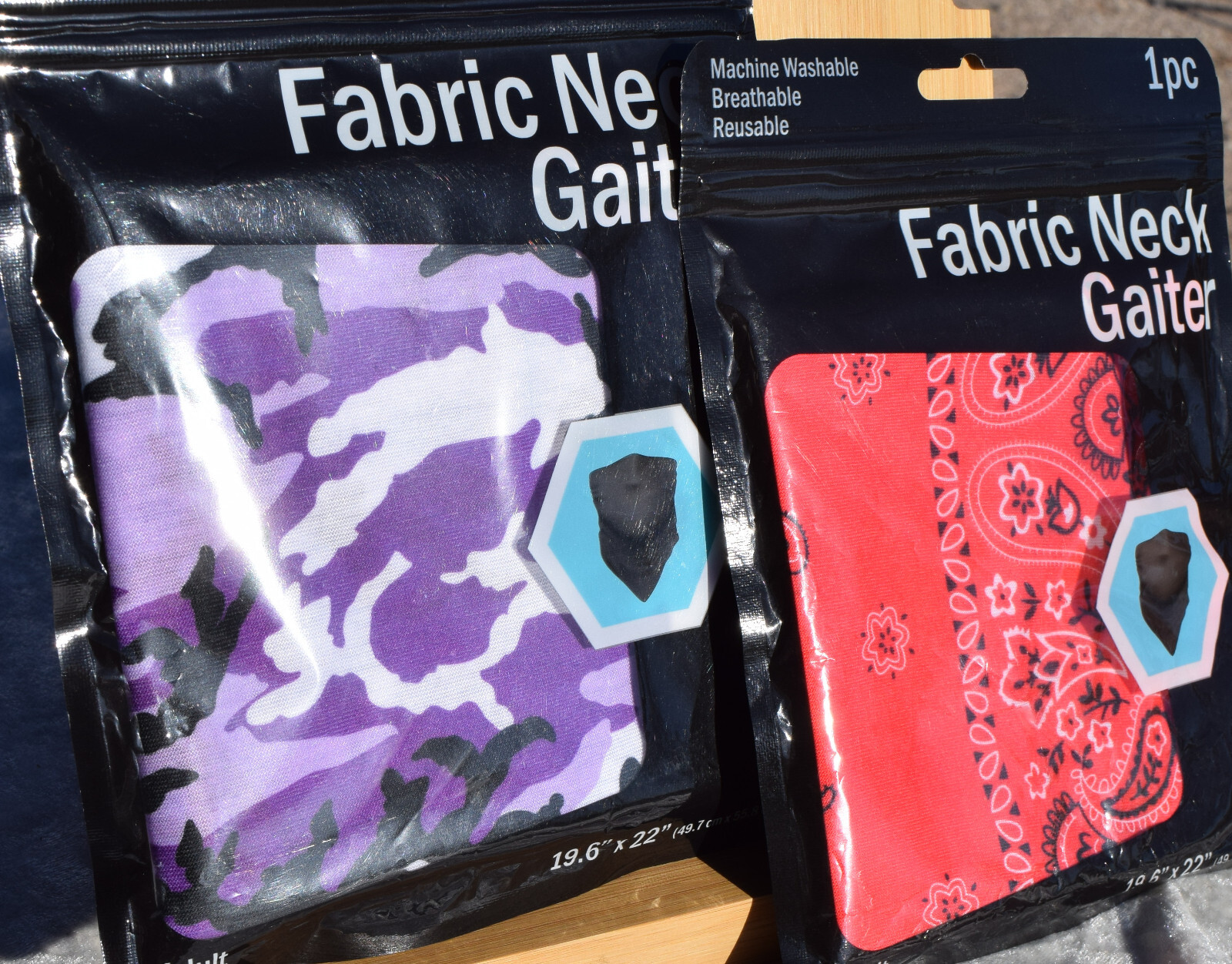 2 PC Fabric Neck Gaitors - New - Red Paisley and Purple Camo  19.6 inch by 22 in