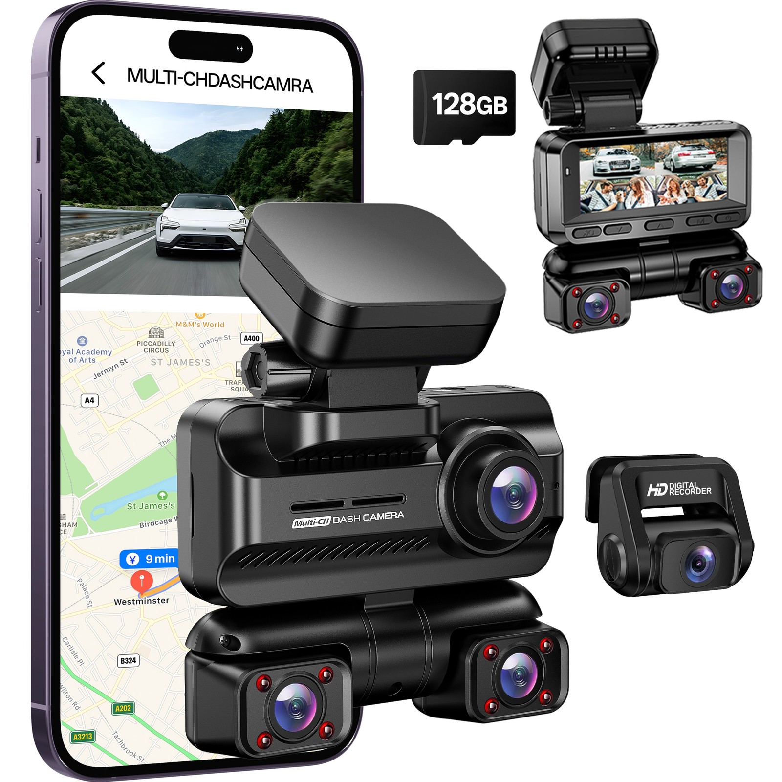 4K 4 Channel 360° Front Rear Inside Dash Camera WIFI & GPS With 128GB SD Card