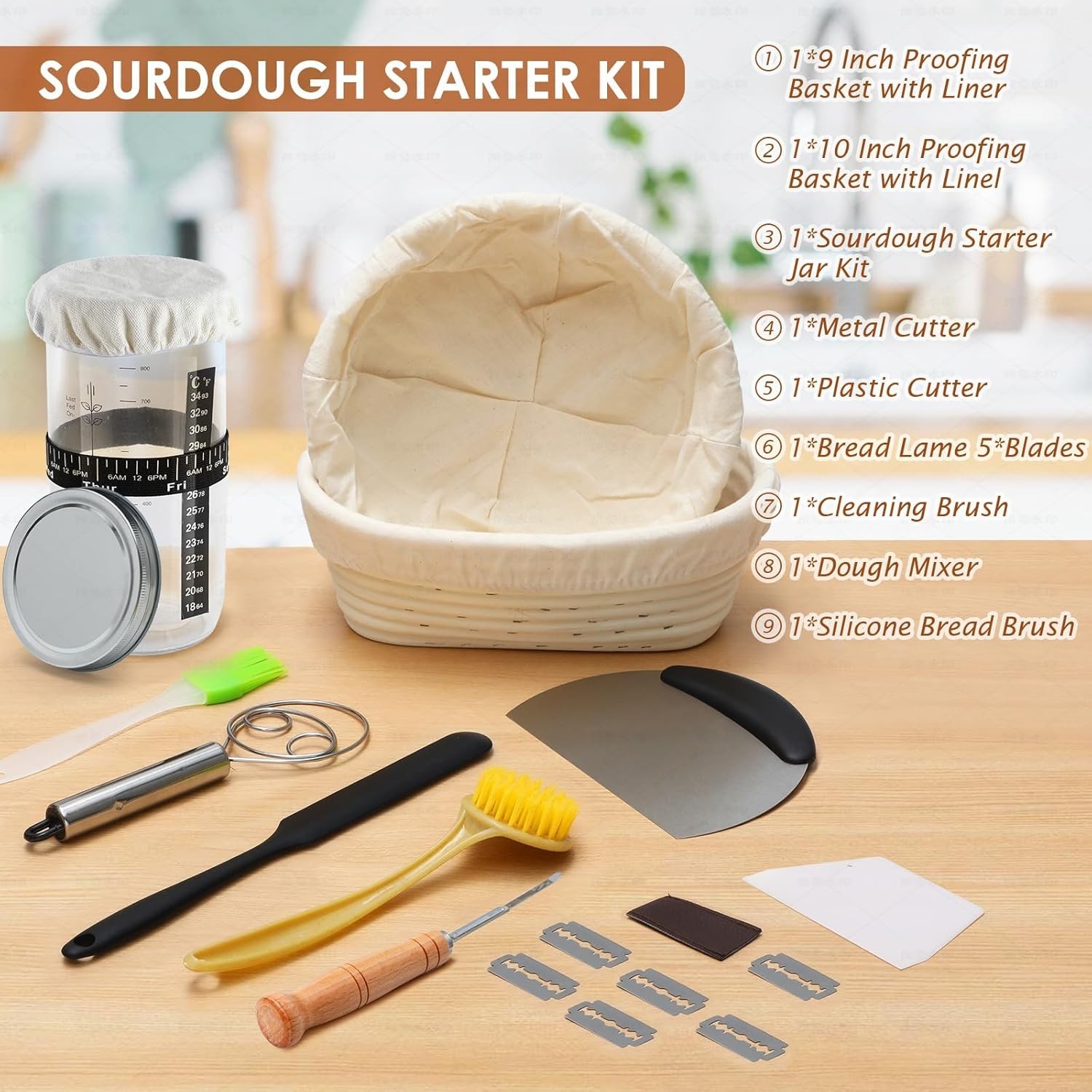 Artisan Sourdough Bread Baking Supplies: 2 Banneton Baskets & Starter Kit
