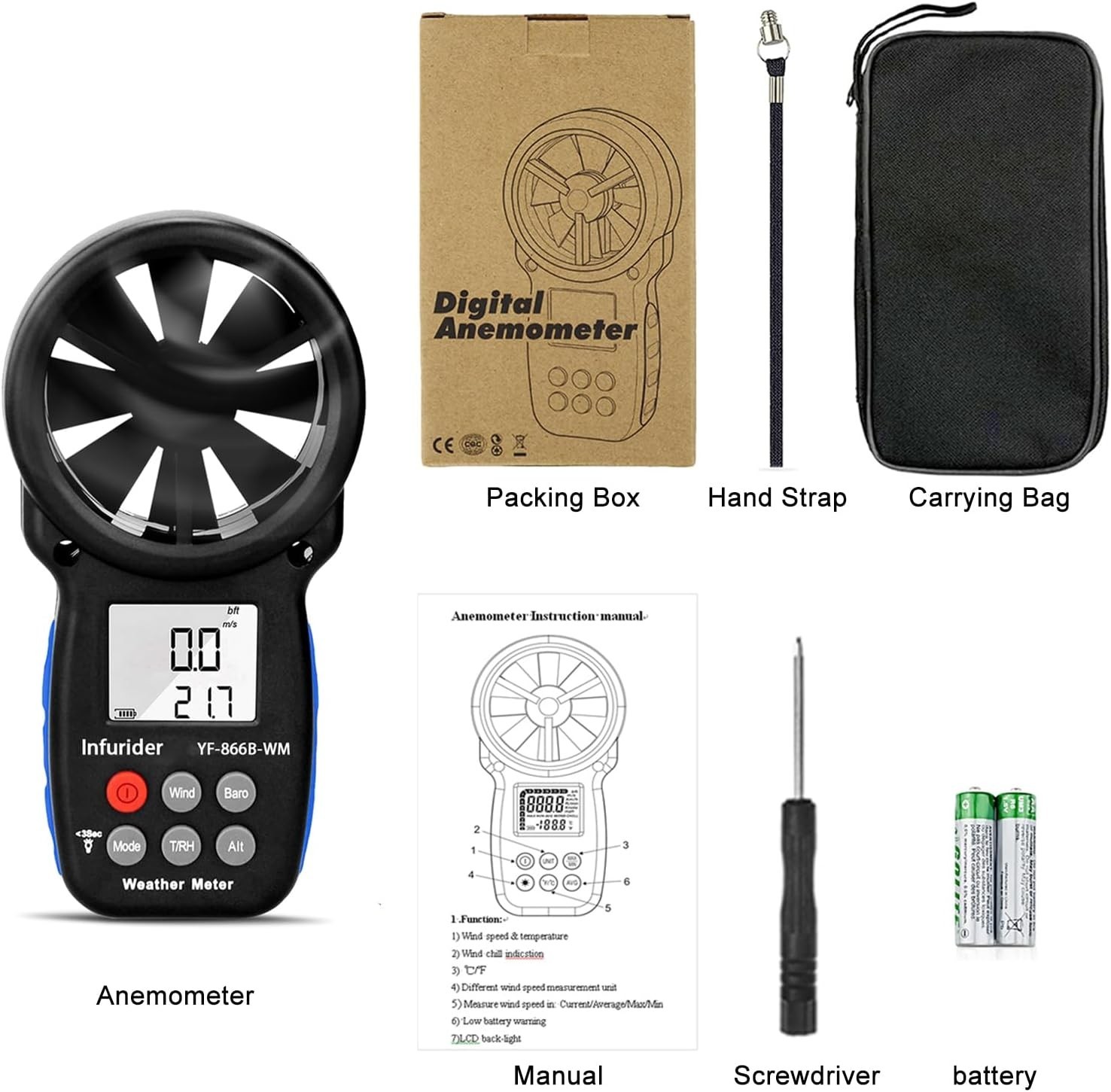 Professional Digital Anemometer - Wind Speed, Temp, Humidity