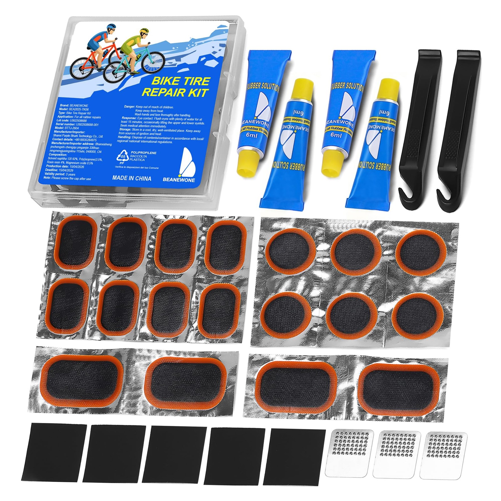 Kit de reparación de neumáticos de bicicleta, kit de parches para cámaras.