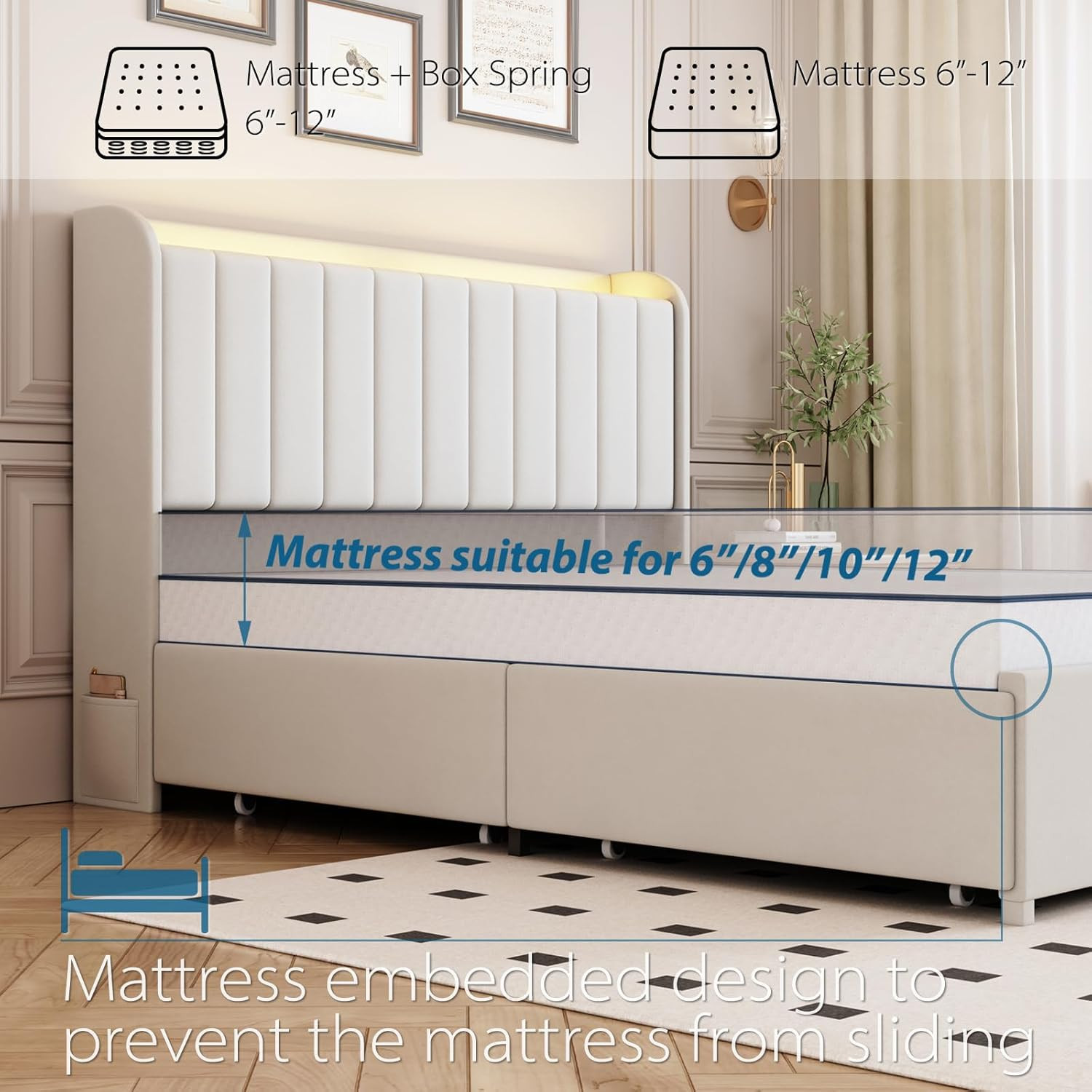 Full Bed Frame with 4 Drawers and Storage Headboard, Upholstered Platform Bed Fr