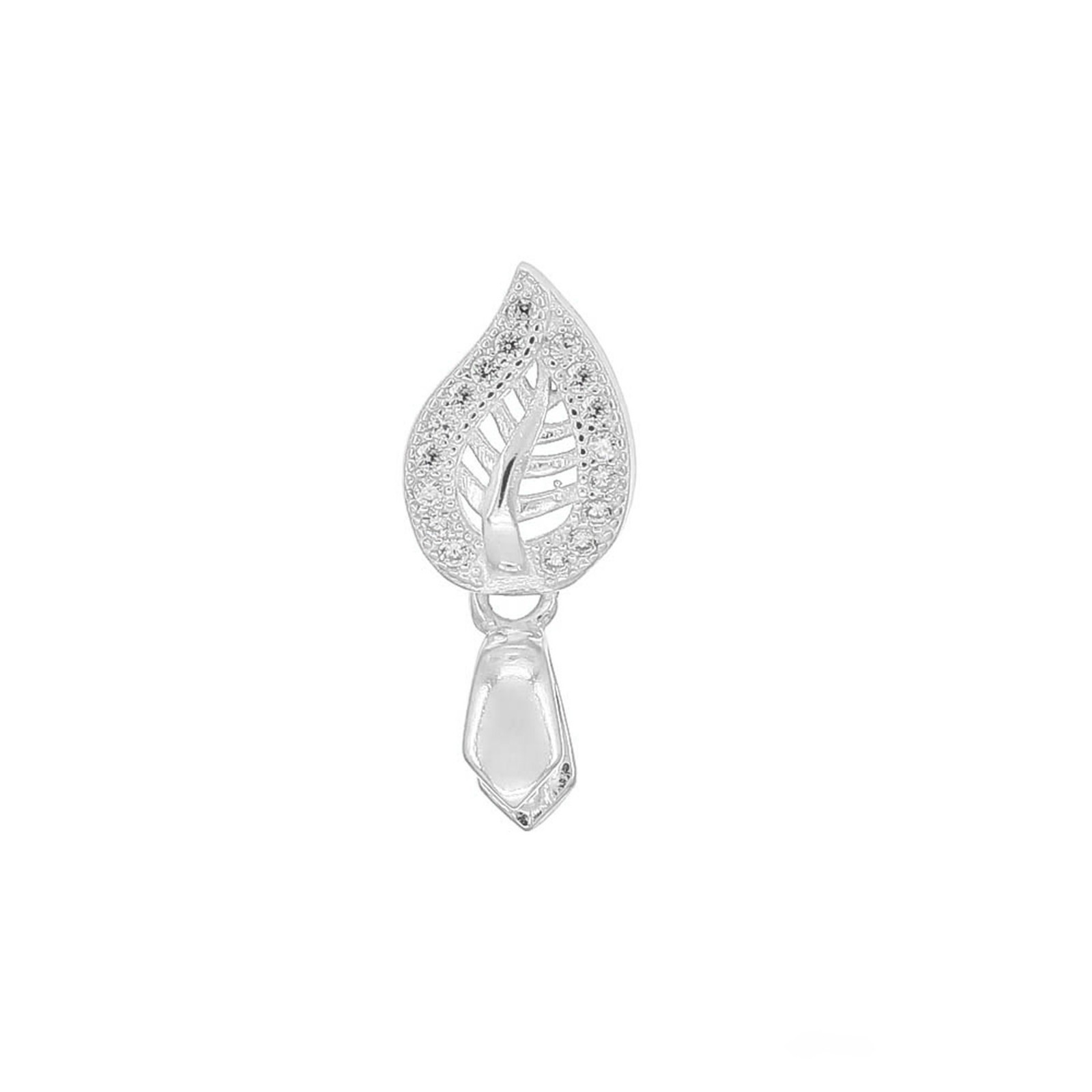 Rhodium Plated Sterling Silver CZ Leaf Pendant Pinch Bail Clasp Slider #99237