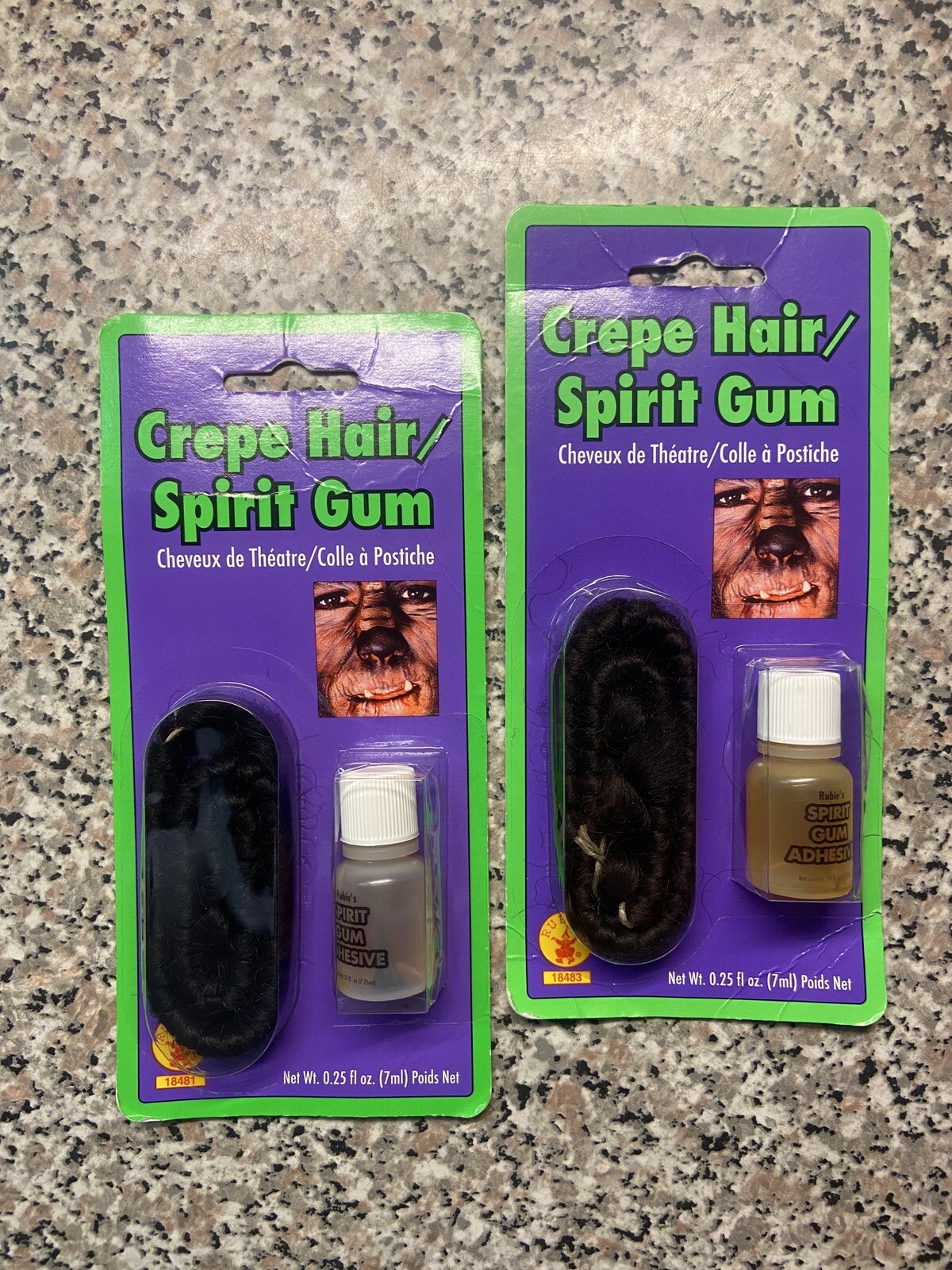 Set of 2 Halloween Rubie's Costume Blk & BRN Crepe Hair w/Spirit Gum, Unopened