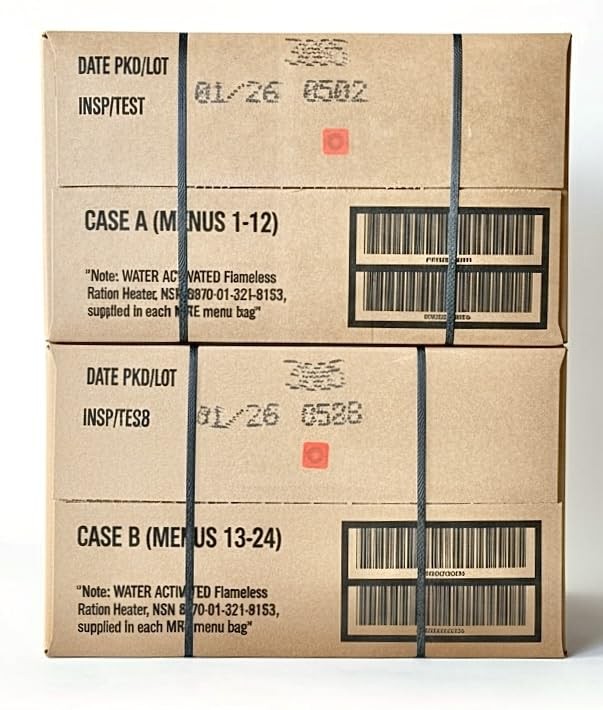 MRE 24 Meals Ready to Eat A and B bundle menus 1-24 2026 Cases Genuine Military