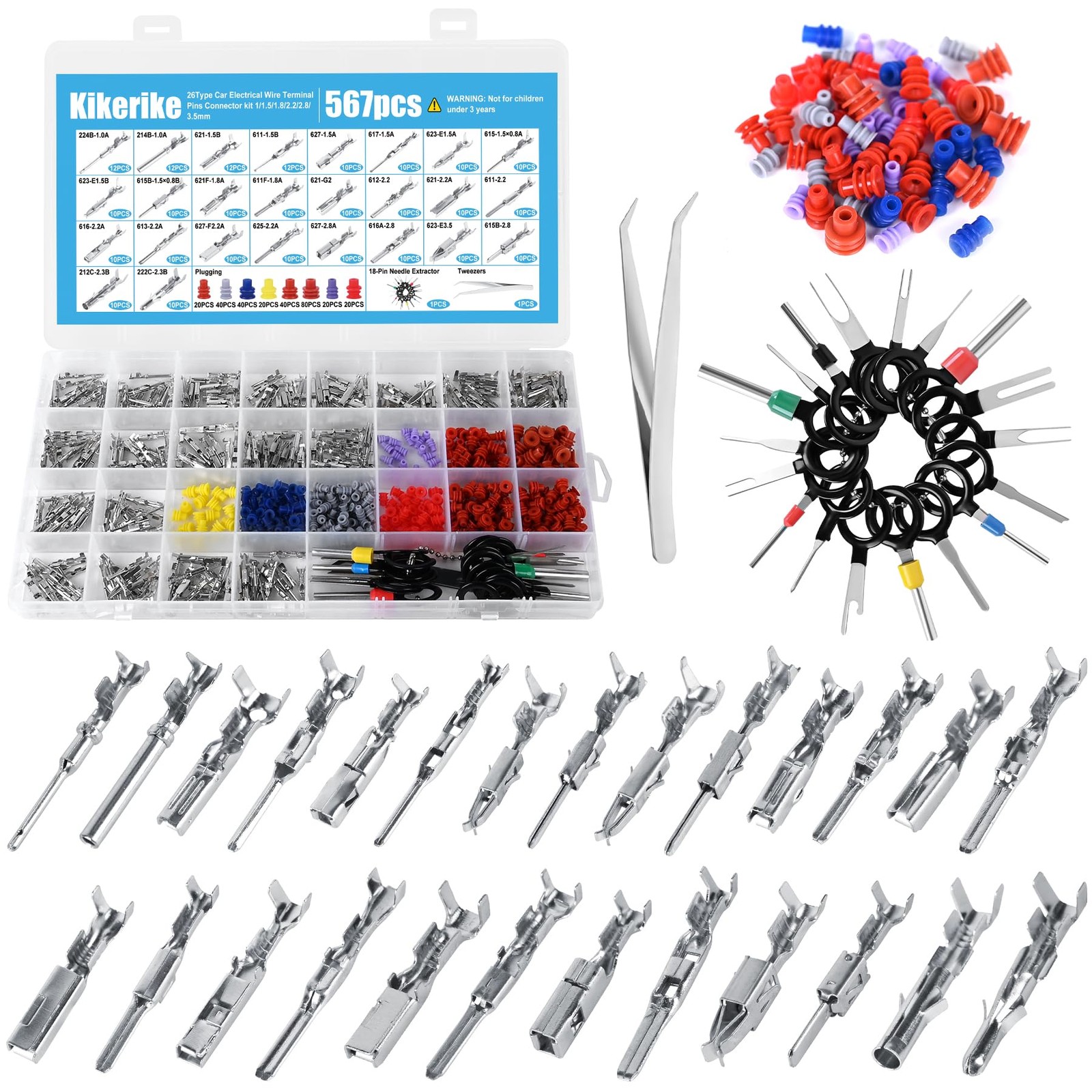 Connector Pins Kit 567Pcs 26 Types - 1/1.5/1.8/2.2/2.8/3.5mm Automotive Termi...
