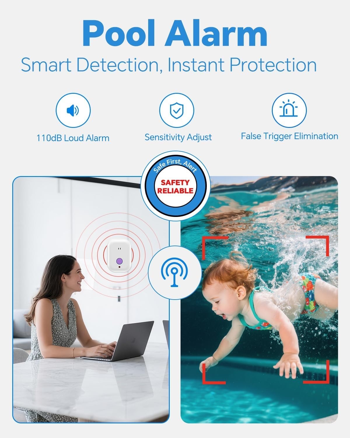 Pool Alarm for Inground & Above Ground Pools Adjustable Sensitivity 110dB Siren