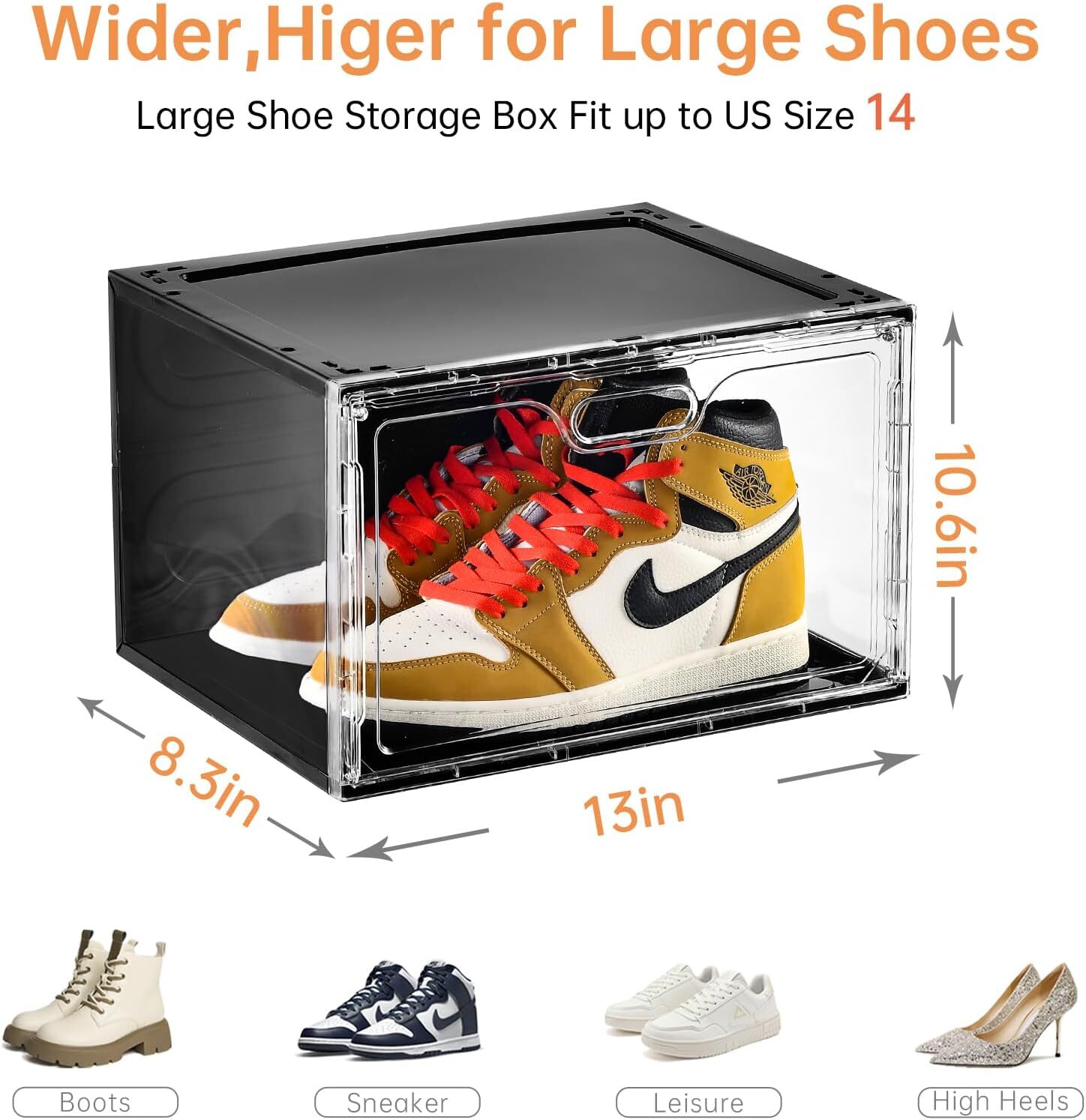 13x10.6x8.3” 8PC Shoe Boxes Stackable Large Drop Side Shoe Storage Organizer