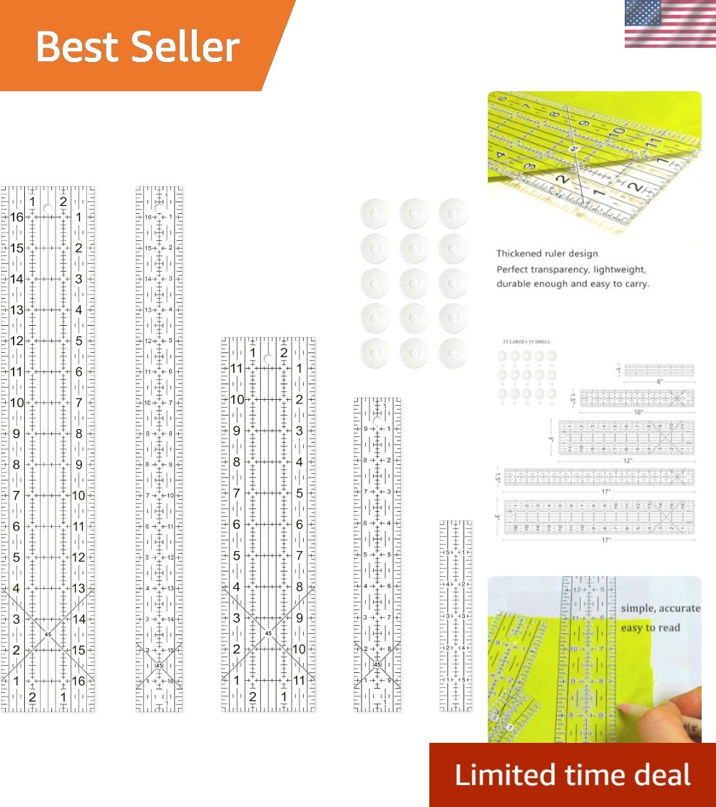 Sewing Ruler,5 Piece Quilting Rulers,3 x17 Inch,1.5 x17 Inch,3 x12 Inch,1.5 x...