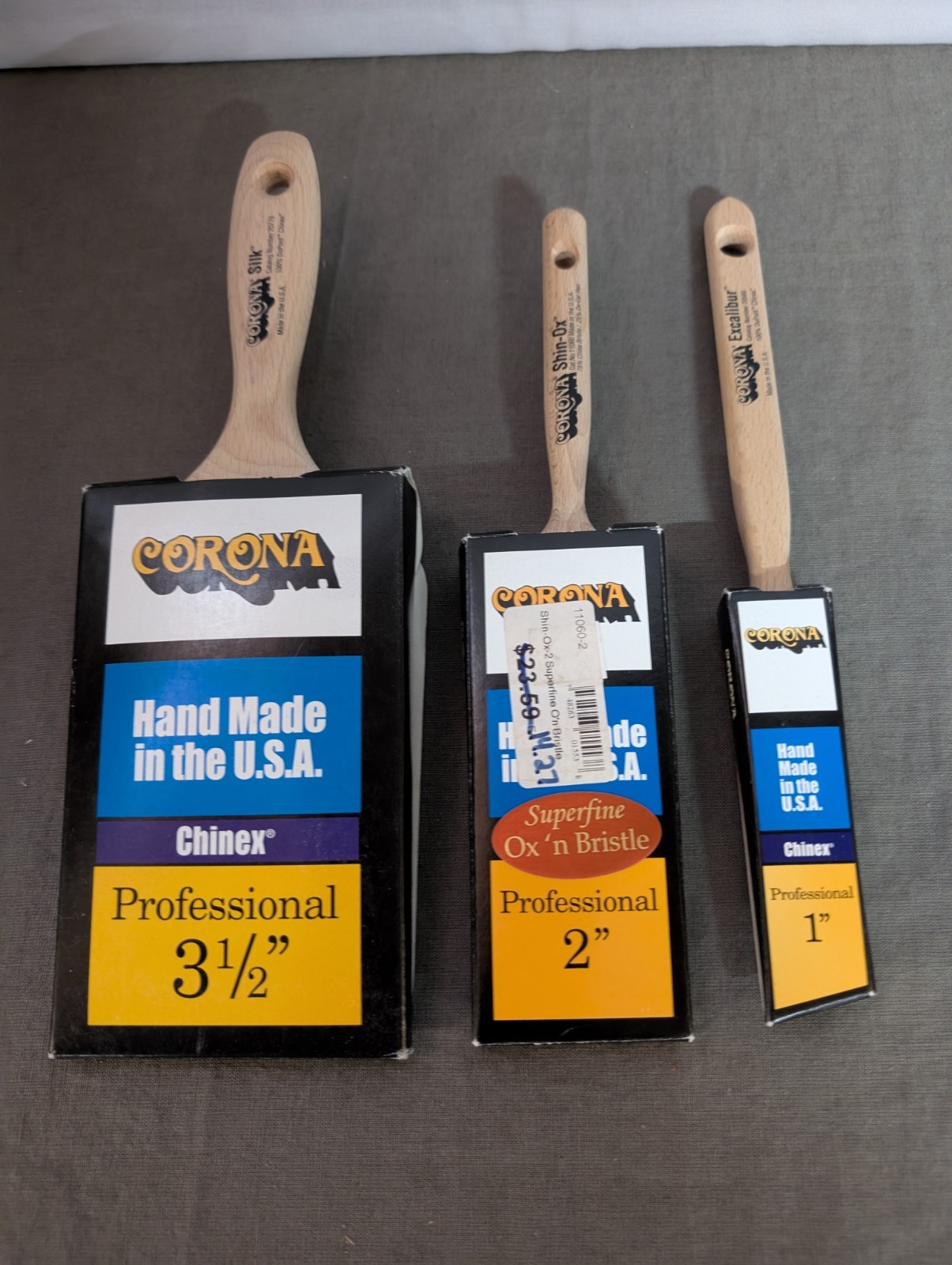 Lot Of 3 - Corona 3.5" Silk, 2" Shin-Ox, 1" Excalibur Paint Brushes