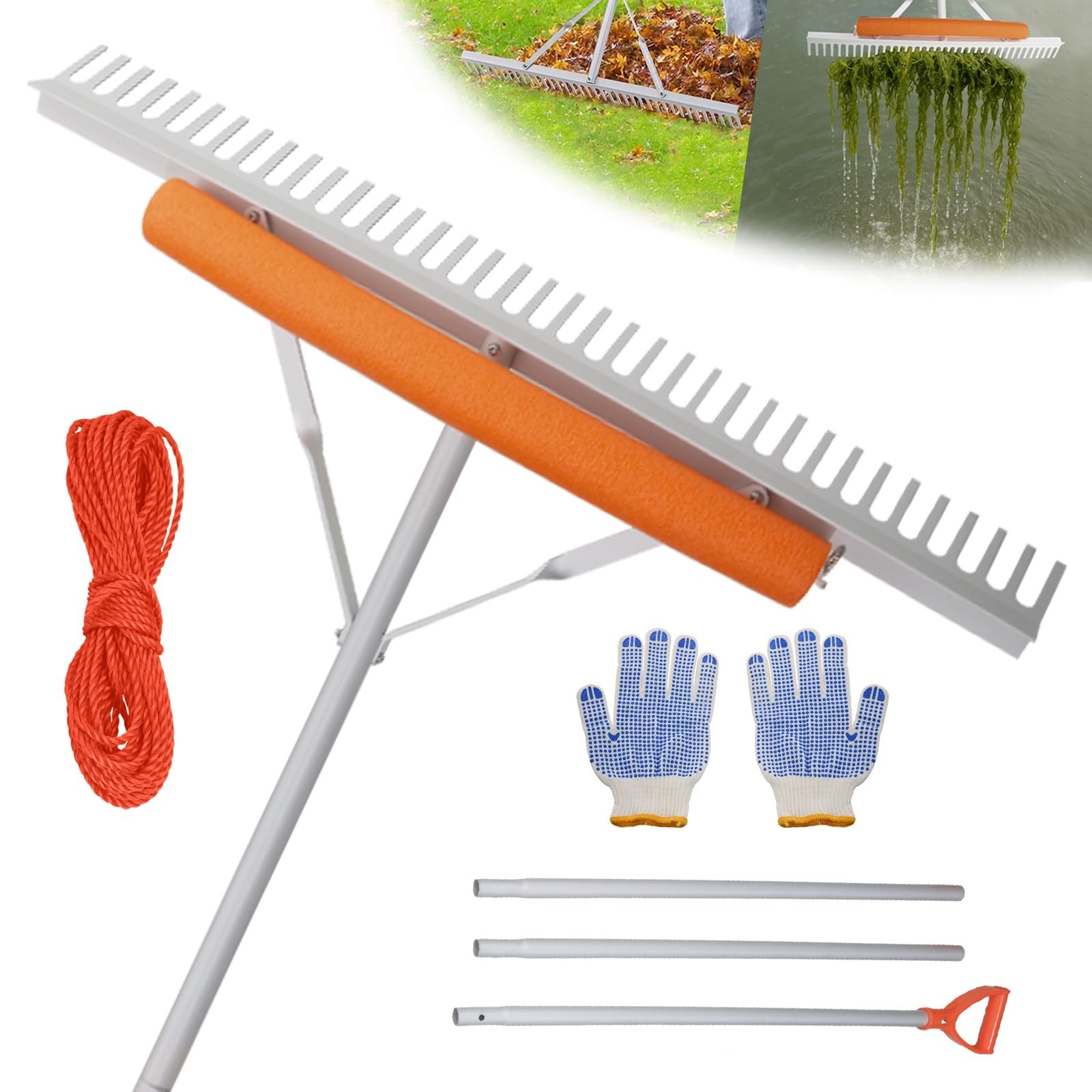Fumingpal Floating Weed Lake Rake, 36 Inch Widths Pond Rake Aquatic Silver
