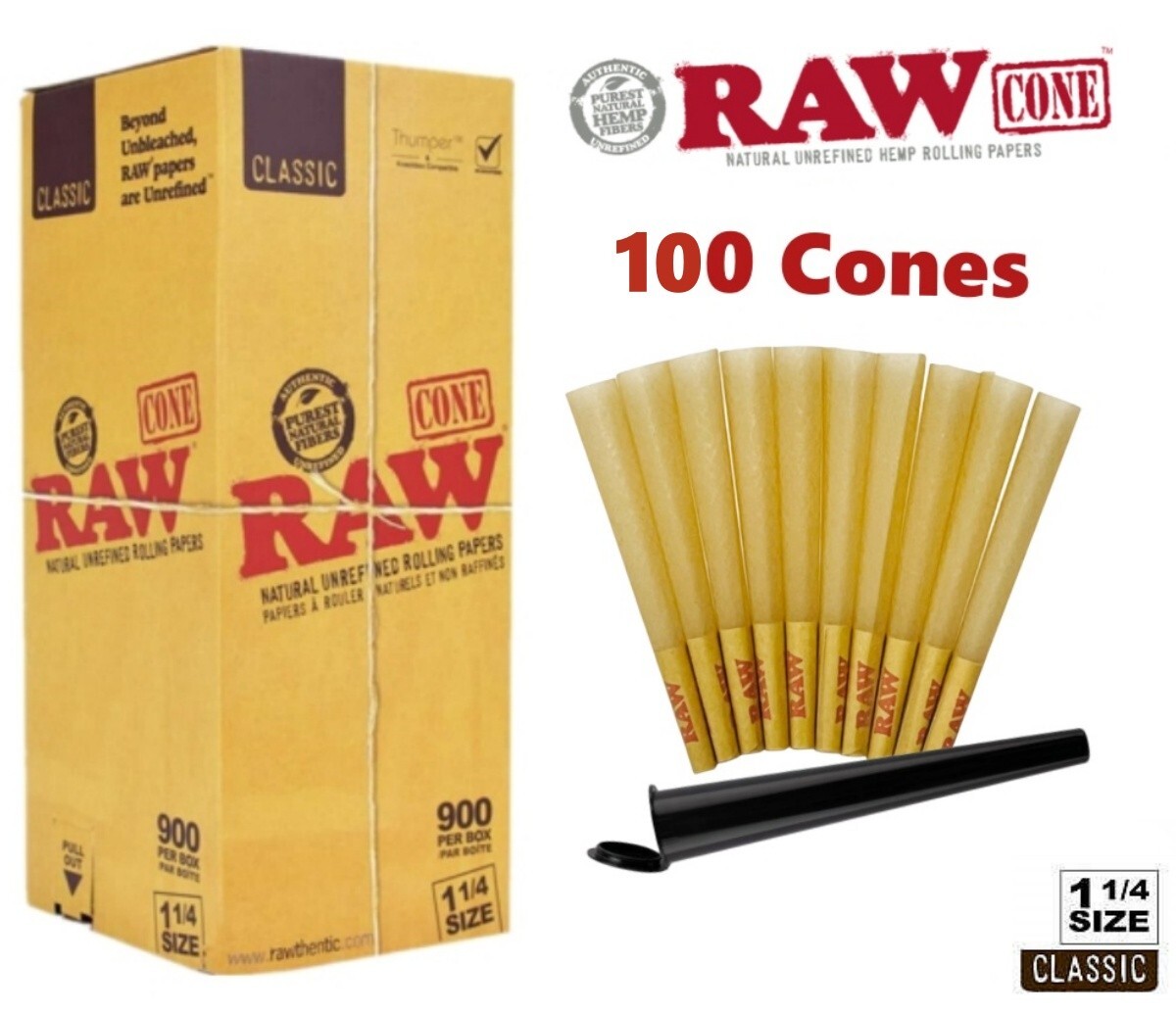 Authentic RAW Classic 1 1/4 Size Pre-Rolled Cones 100 Pack 🌟 Cone Tube