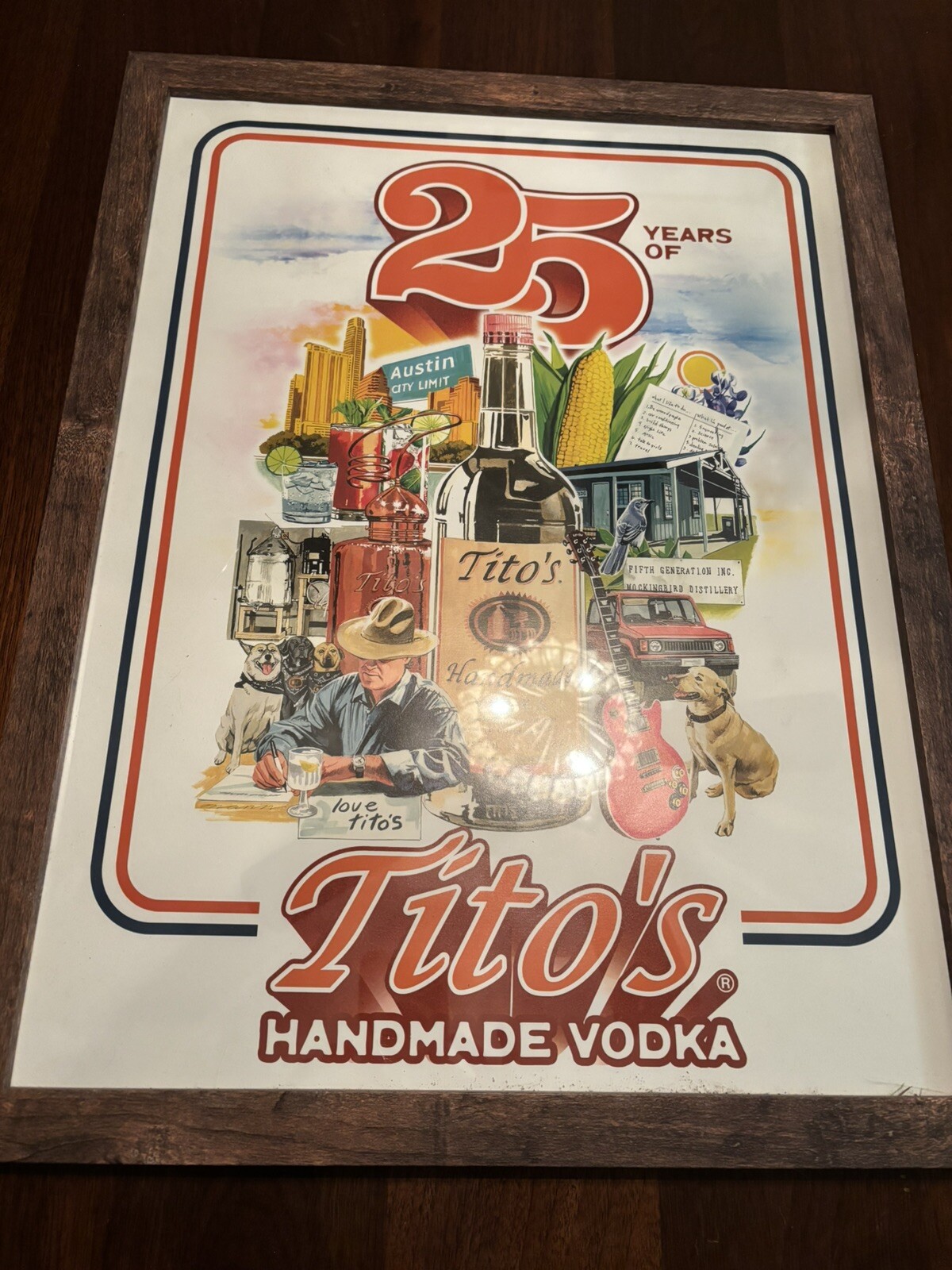 Tito’s Handmade Vodka Walnut Colored Framed Picture 18 X 24 Print, 20x26 Framed.