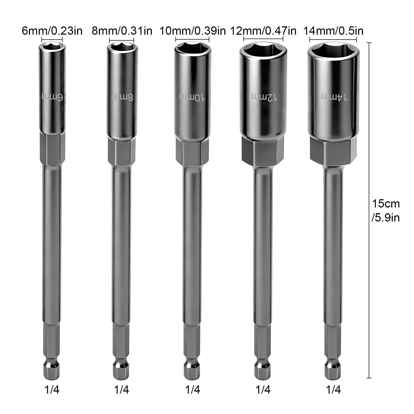 5 x 6–14mm Magnetic Nut Driver Set 1/4" Hex Shank Deep Socket for Drill Impact