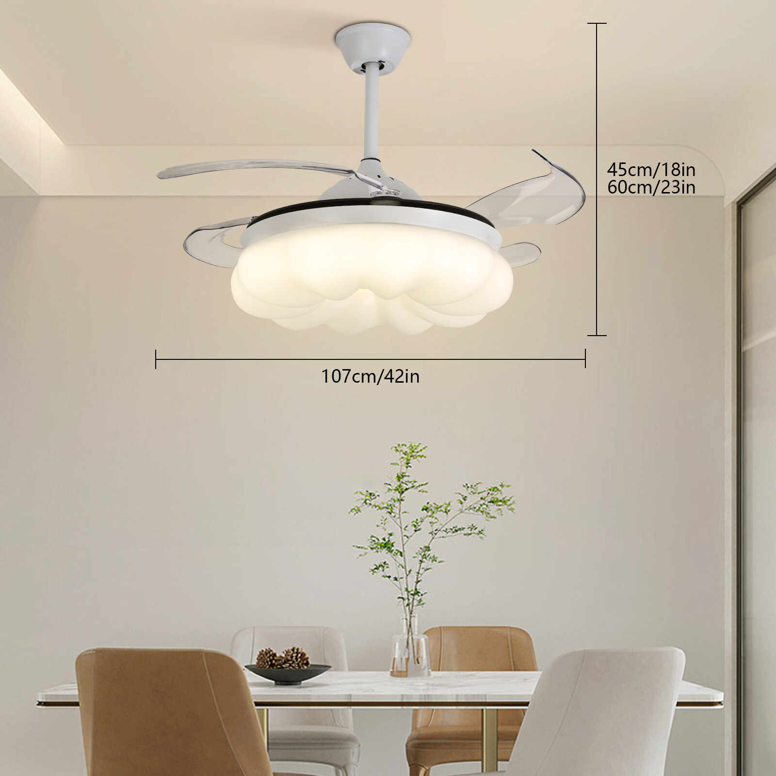 42In LED Arcs Cloud Shape 4 Blades Retractable Ceiling Fan Light+Remote Control