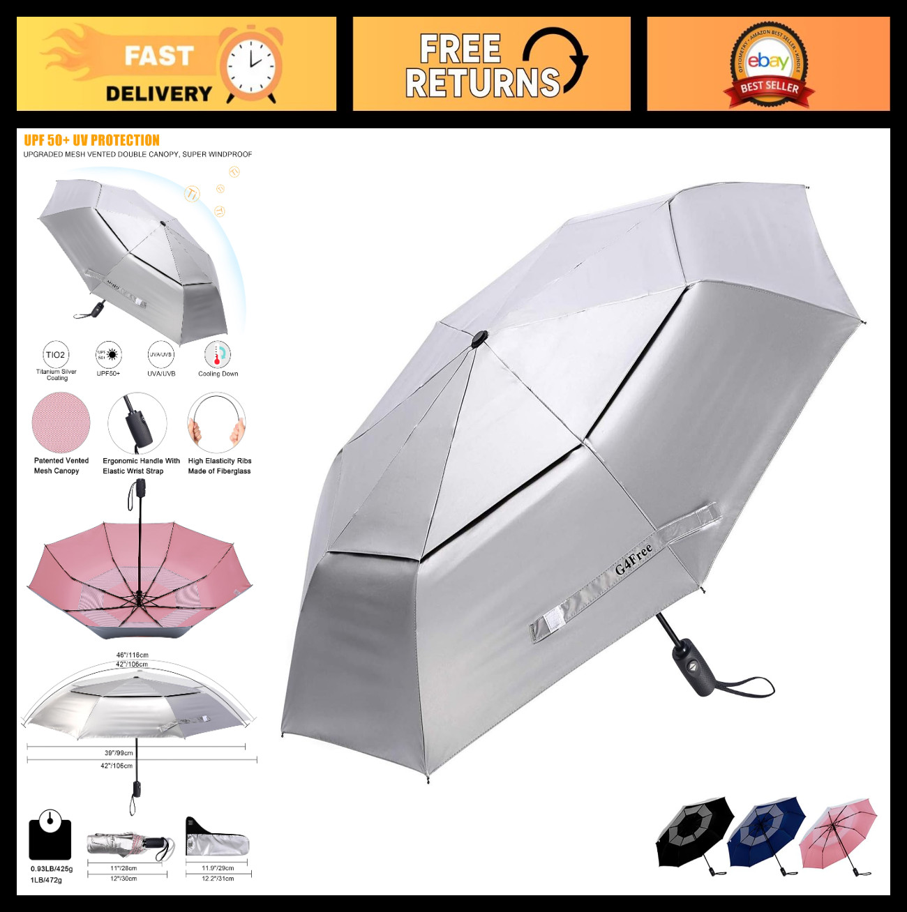 UPF 50+ UV Protection Travel Umbrella 42/46 Inch - Windproof, Auto Open/Close, C