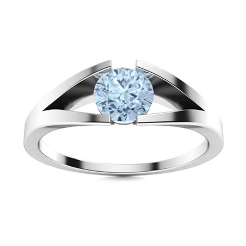 Solitaire 5MM Round Shape Aquamarine 925 Sterling Silver Split Shank Women Ring
