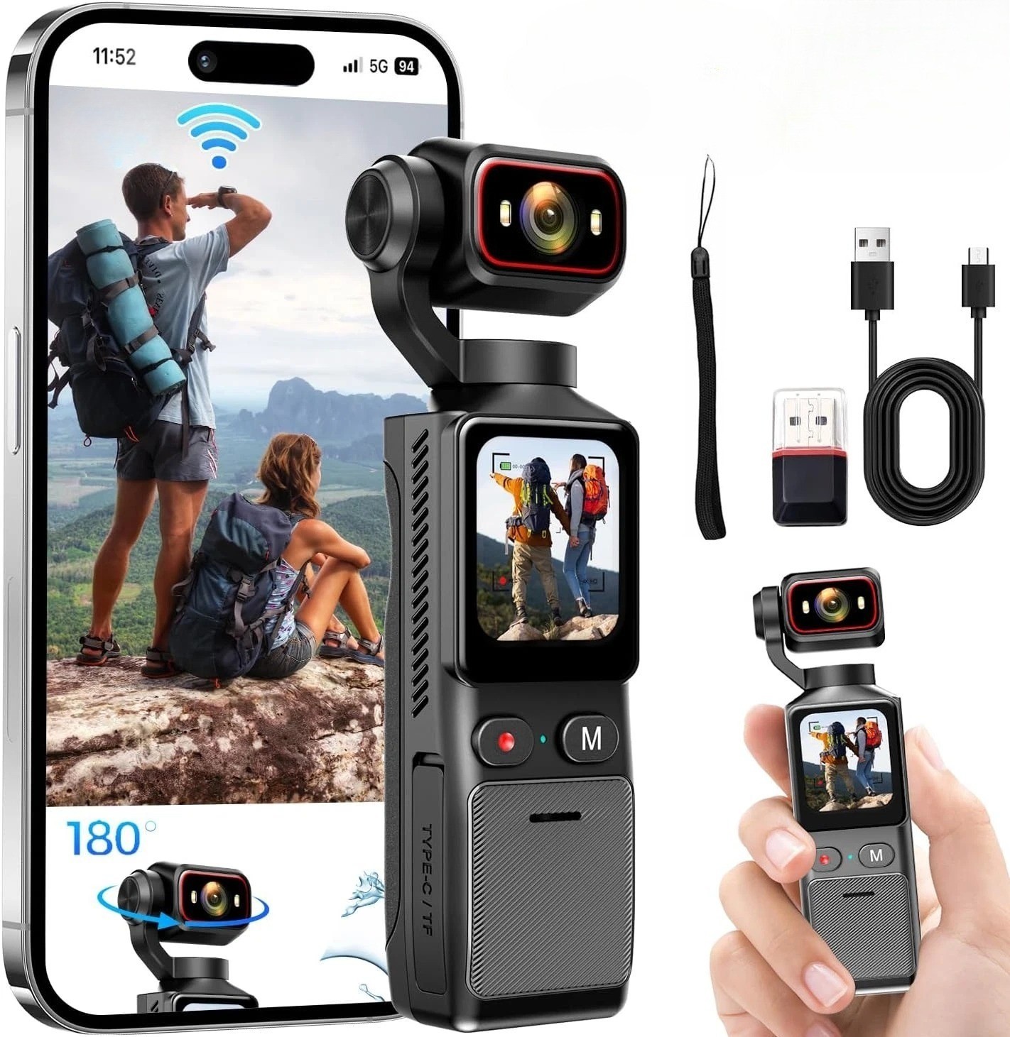 Pocket Gimbal Camera 180° Rotatable Lens WiFi Mini Vlog Action Cam 2000mAh HD