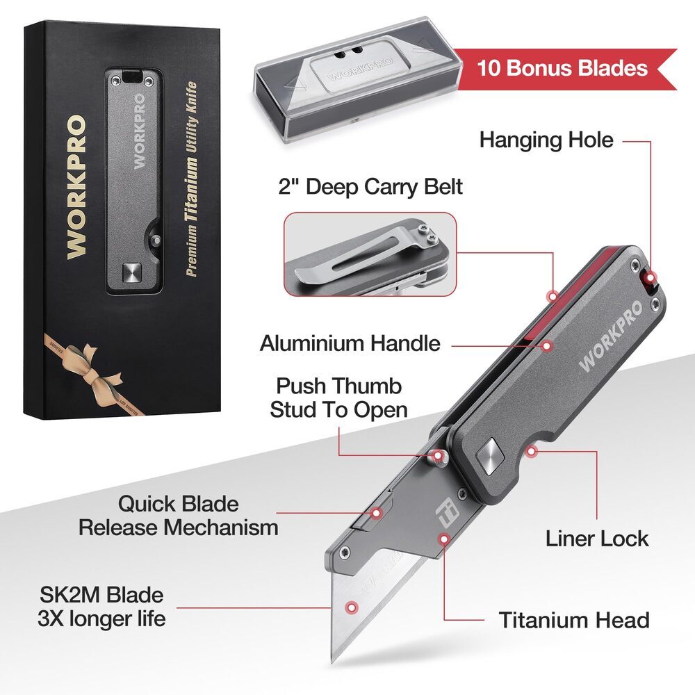 WORKPRO Titanium Folding Utility Knife CNC Unibody Box Cutter Quick Change Blade
