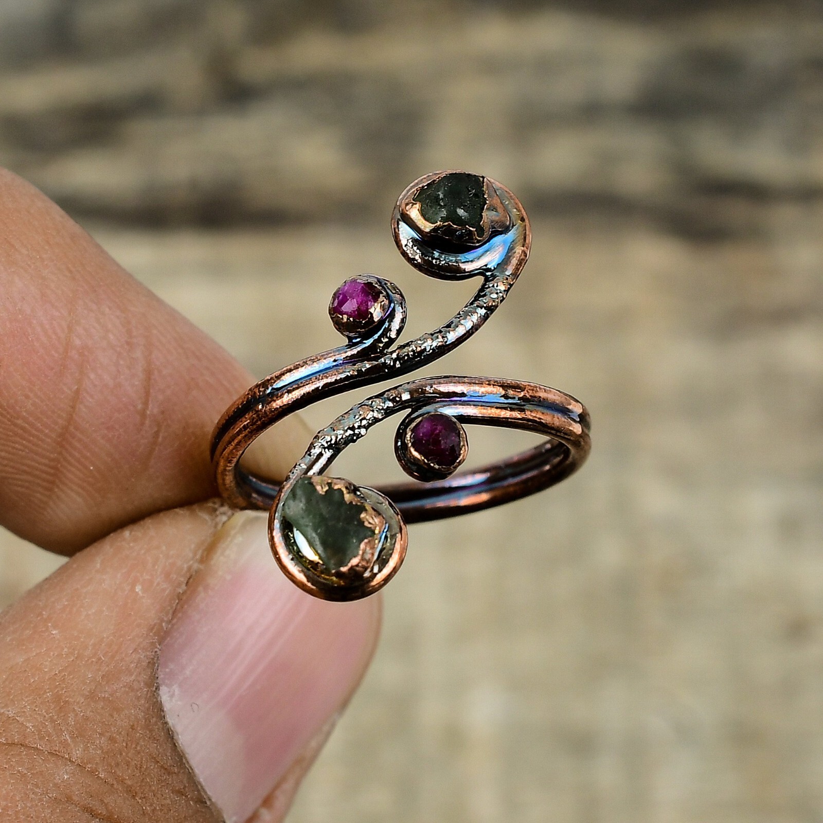 Multi Tourmaline Rough Copper Electroformed Adjustable Ring Size Adjustable