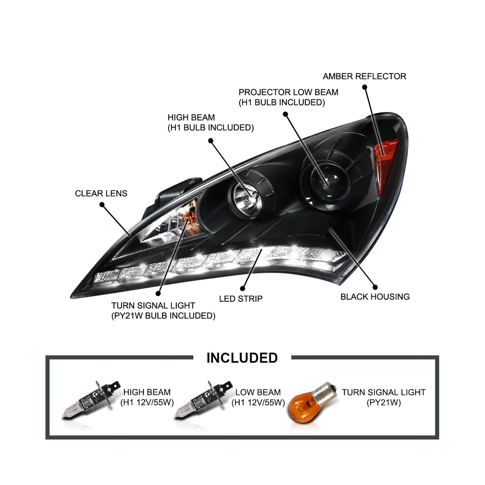 SPEC-D TUNING Black Projector Headlights Compatible with 2010-2012 Hyundai Ge...