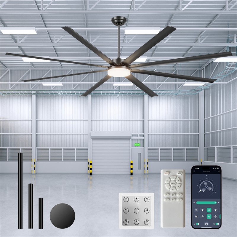 96“ Large Size Industrial PM DC Motor Ceiling Fan with Light, 8 Aluminum Blades