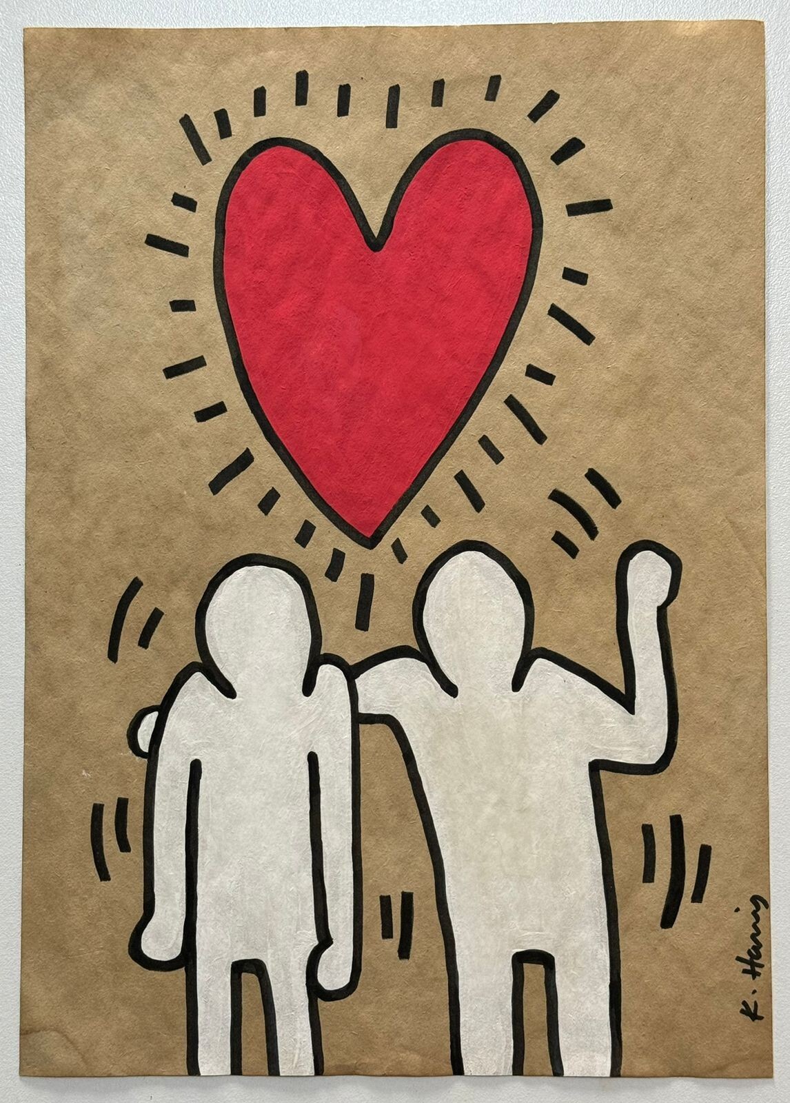 Keith Haring (Handmade) Drawing On old Paper Signed & Stamped, Vtg Art