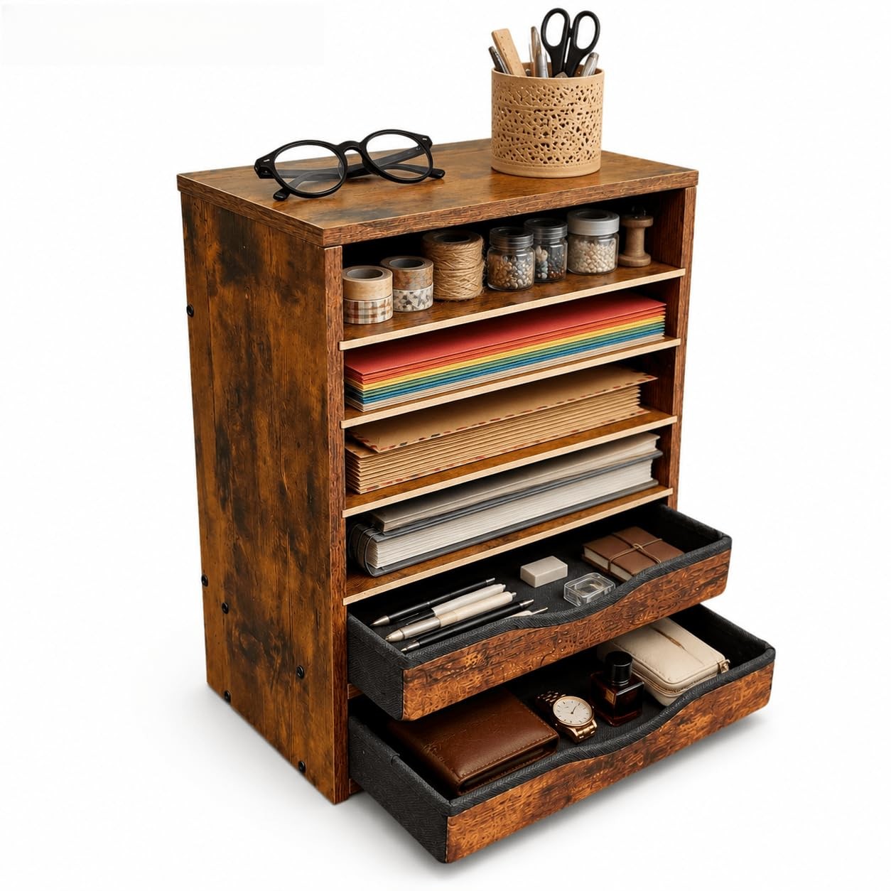 Wooden Desk Organizer with Drawers, 6 Tier Adjustable Paper & File Storage Or...