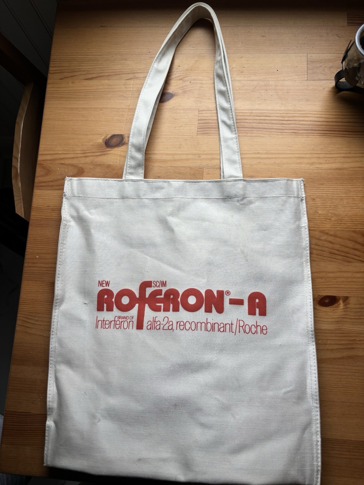RARE 1988 Drug Rep tan color canvas Tote Bag for discontinued drug Roferon-A