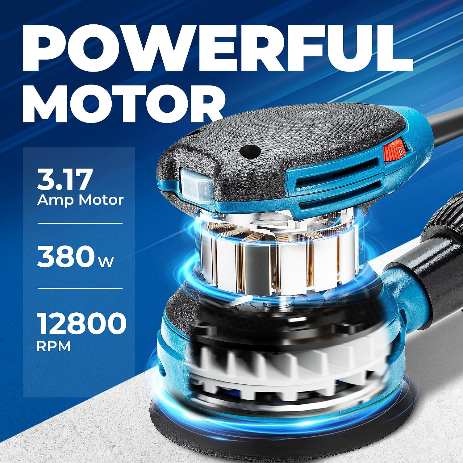 5-Inch Random Orbital Sander 3.2A 12800OPM Electric Palm Sander, 6 Variable Spee