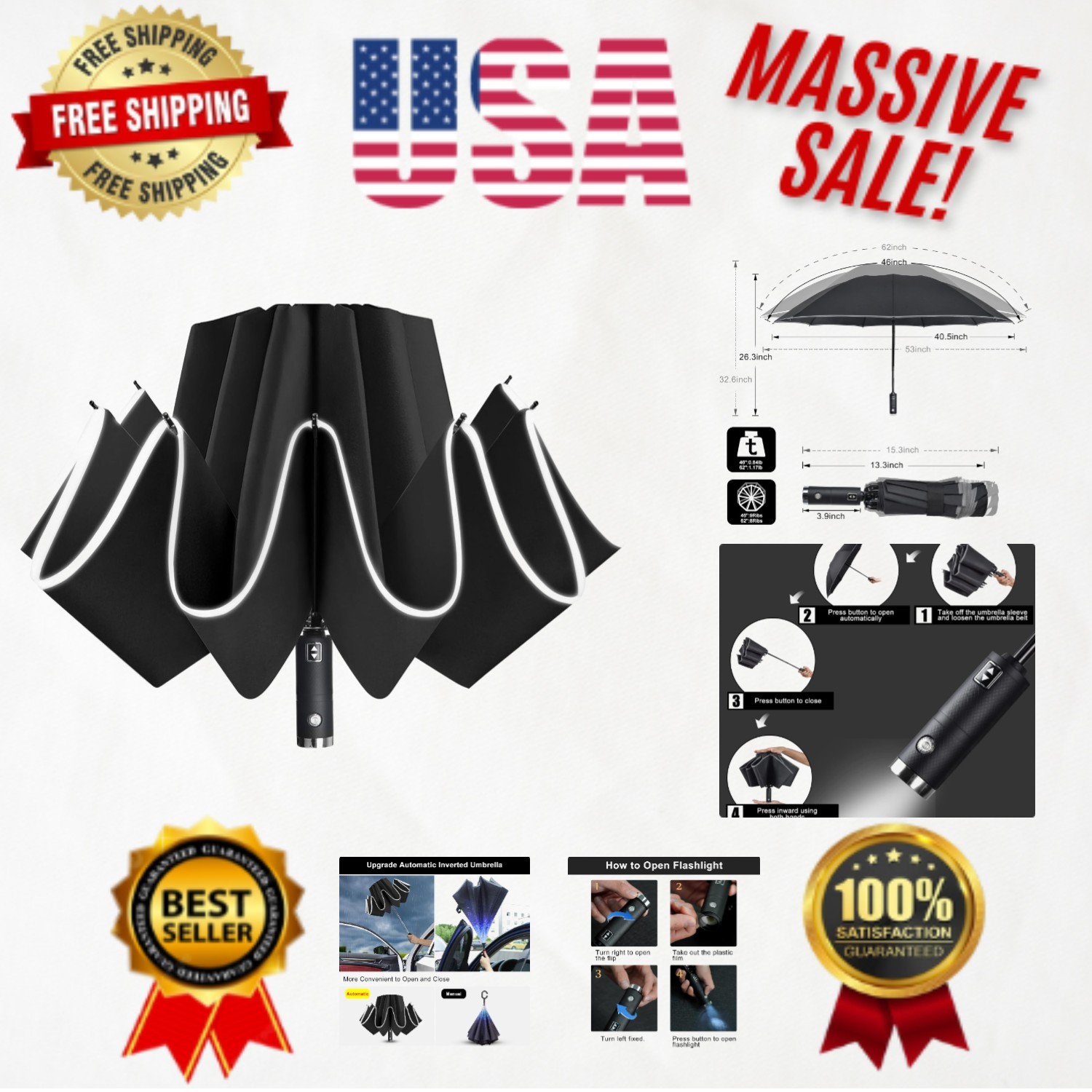 Compact Inverted LED Umbrella with 360° Reflective Safety Design for Adults
